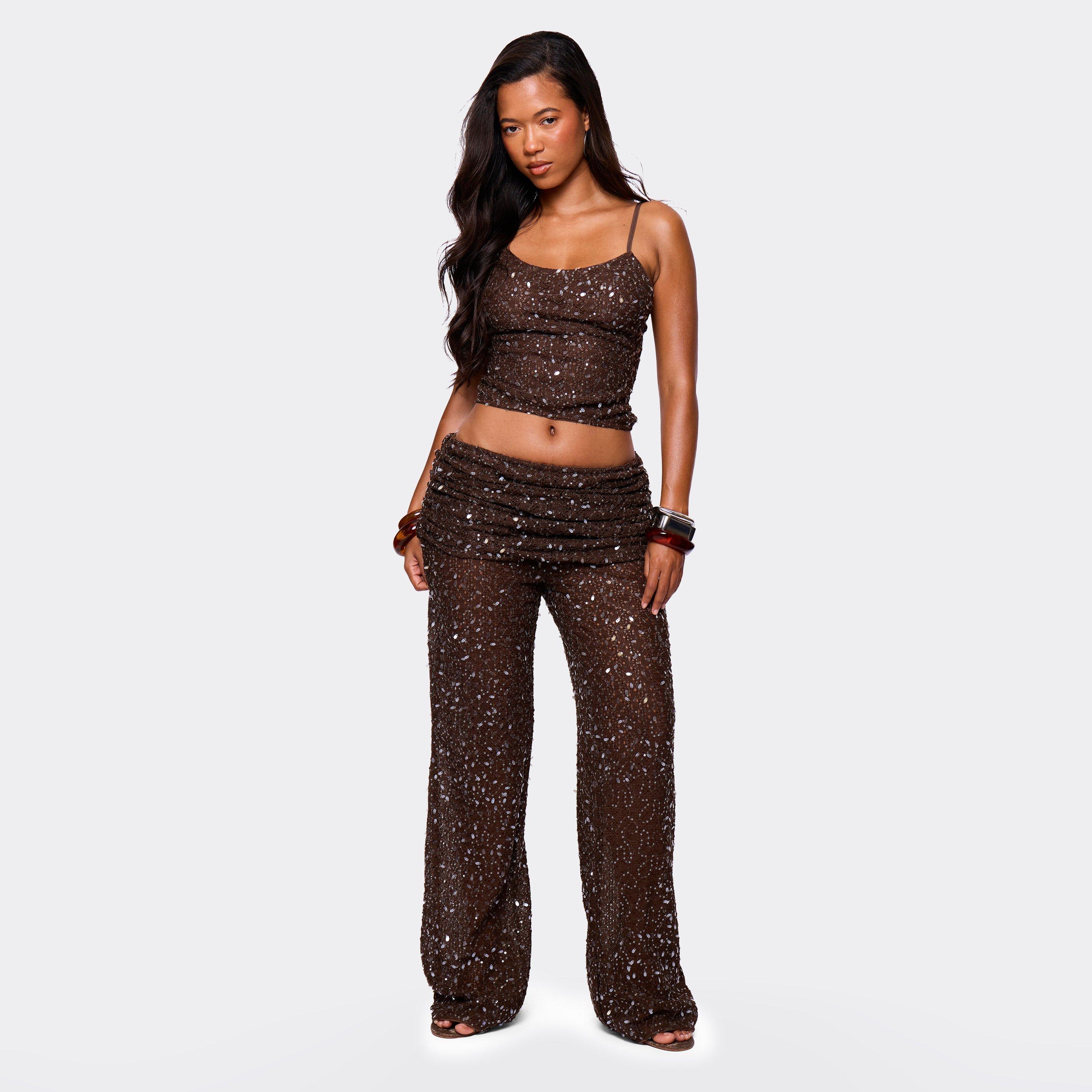 Image of Fold Over Waist Straight Leg Trousers In Brown Sequin, Women's
