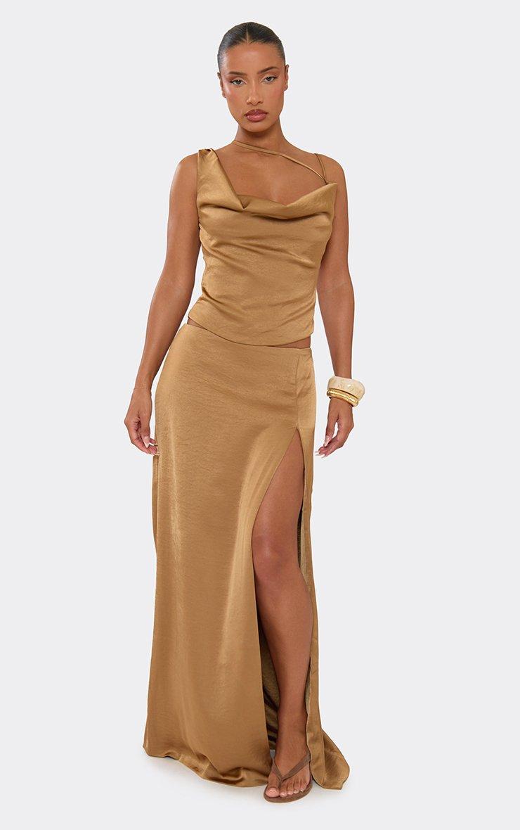 Side Split Maxi Skirt In Dark Gold Textured Satin | EGO EU | EGO