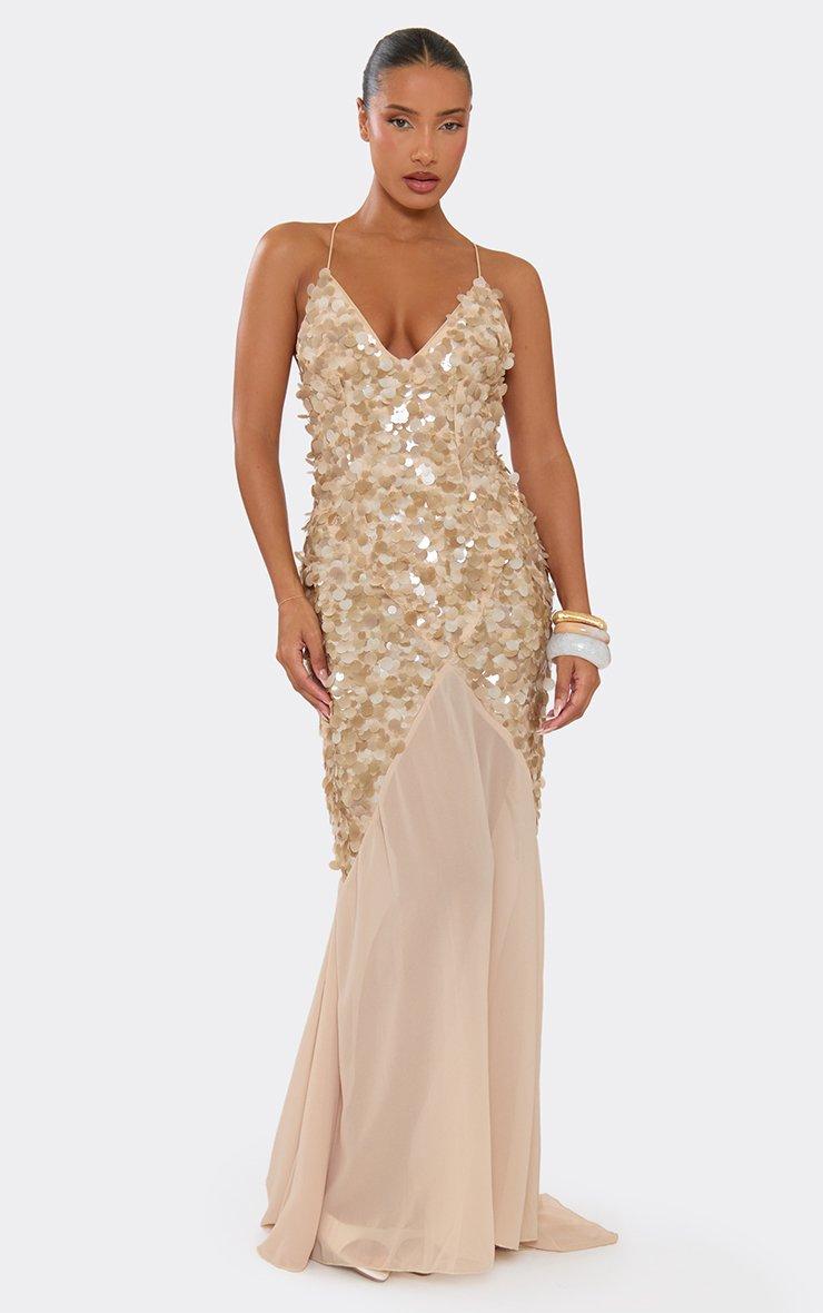 Plunge Neck Contrast Mesh Detail Maxi Dress In Taupe Sequin, Women's Size US 4 - EGO
