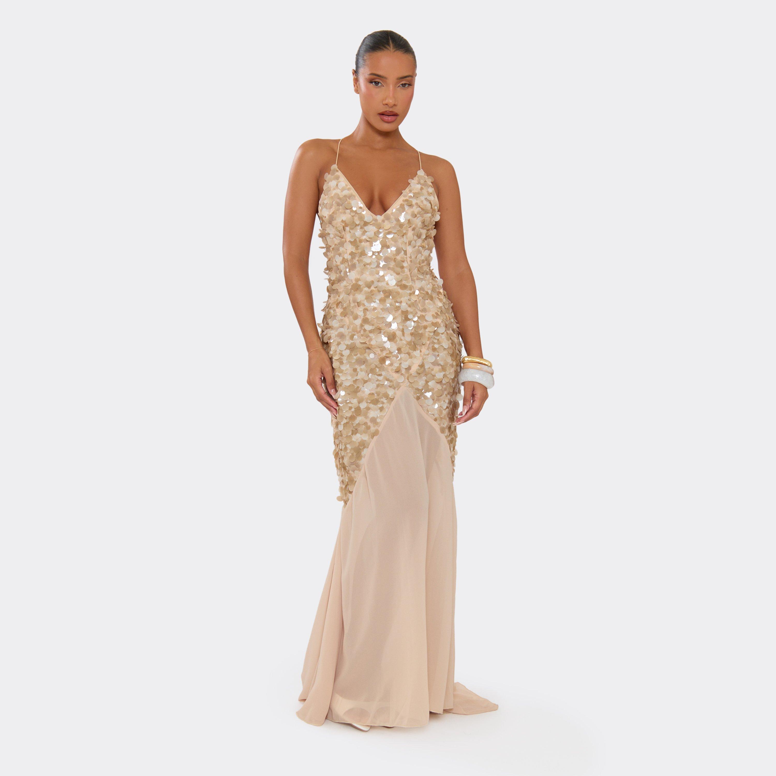 Plunge Neck Contrast Mesh Detail Maxi Dress In Taupe Sequin, Women’s