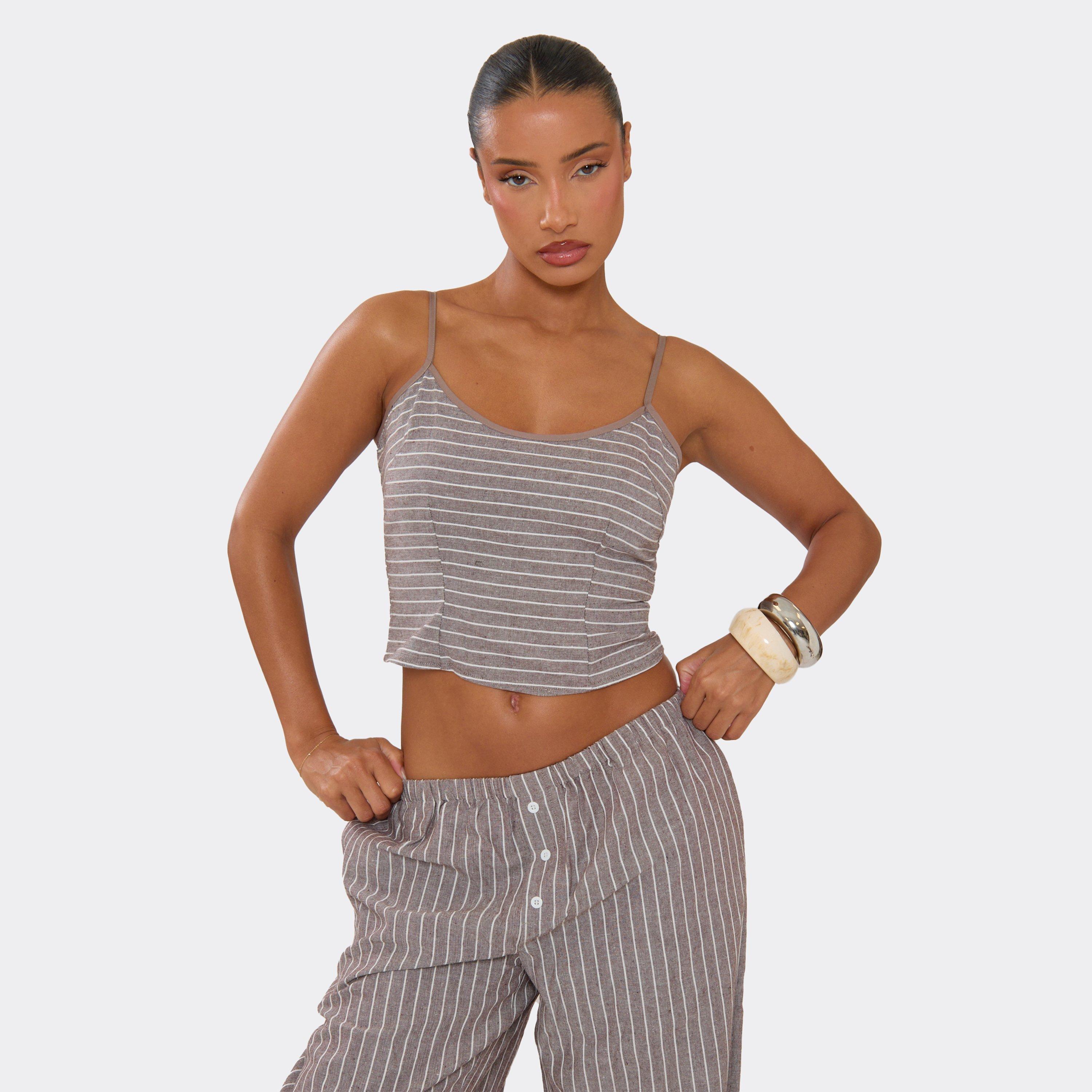 Image of Scoop Neck Cami Top In Brown Pinstripe, Women's Size UK L