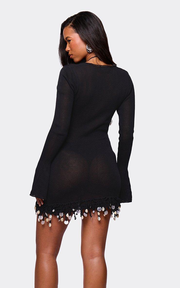Long Sleeve Beaded Hem Mini Dress In Black Sheer Knit | EGO US | EGO