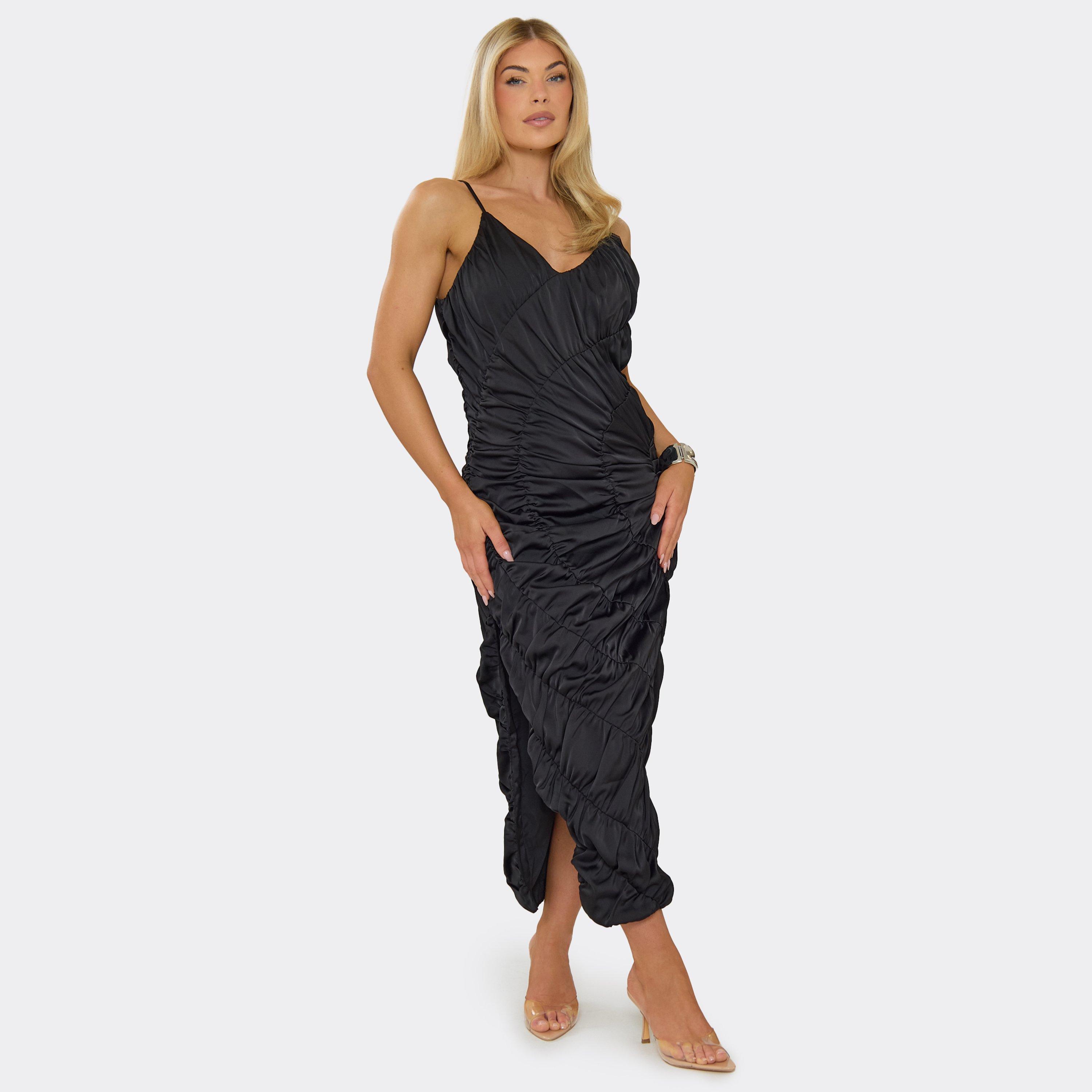 Strappy Plunge Front Shirred Midi Dress In Black Satin, Women's Size UK 6