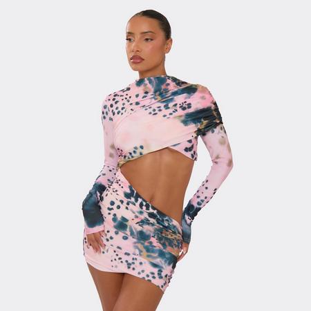 Long Sleeve High Neck Layered Detail Cut Out Mini Dress In Pink Abstract Print, Women's Size US