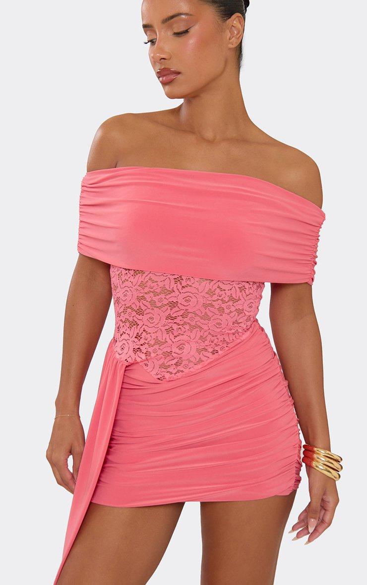 Bardot Contrast Lace Draped Mini Dress In Coral, Women's Size US 4 - EGO
