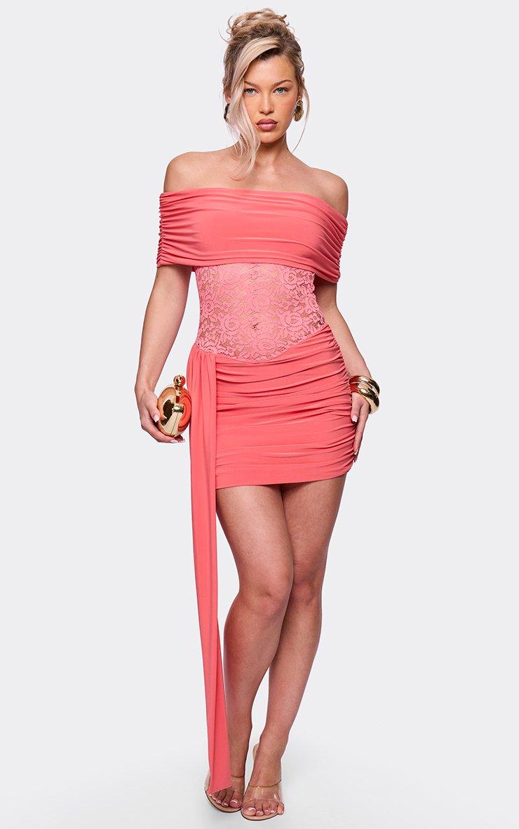 Bandeau Twist Front Mini Bodycon Dress In Orange Lace | EGO US | EGO