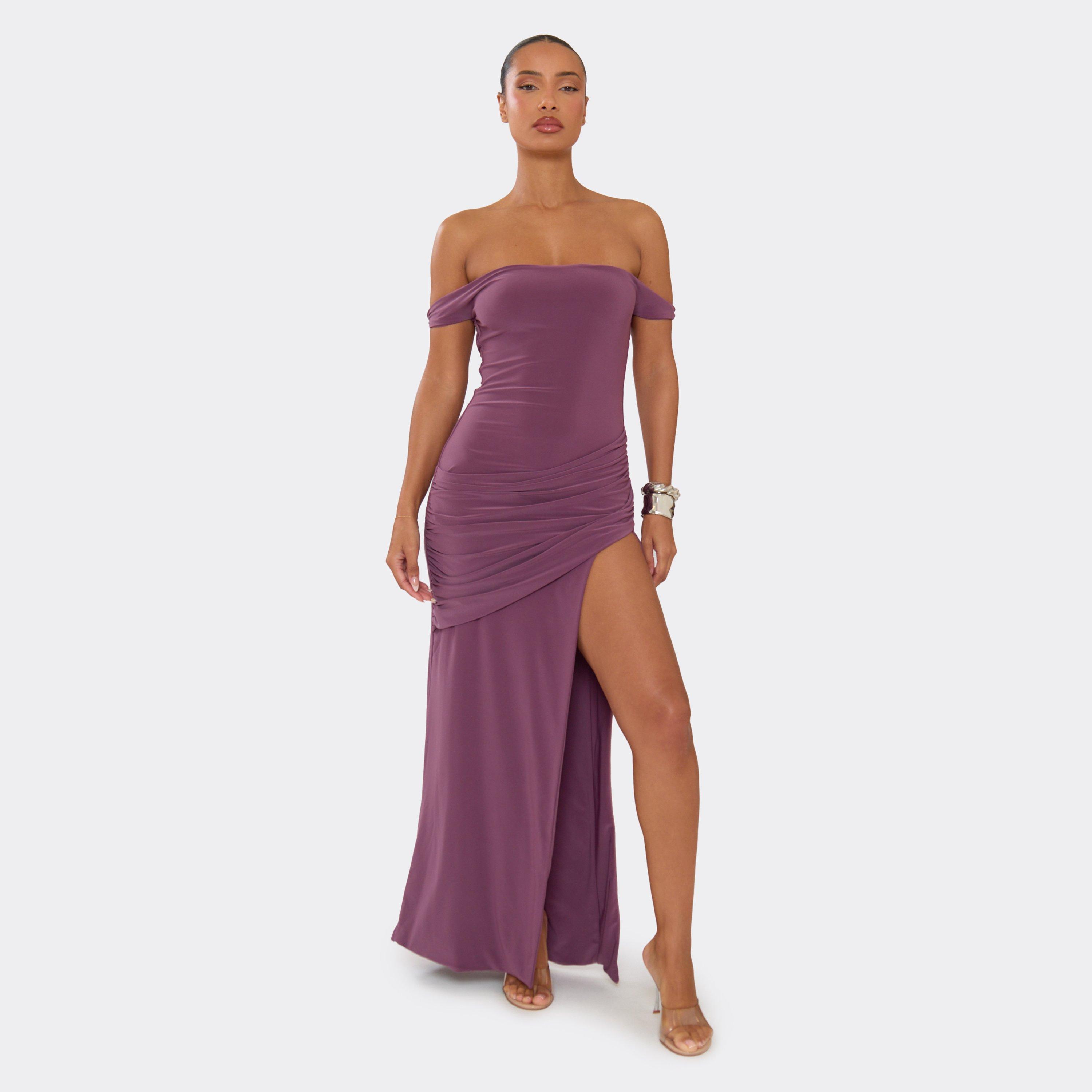 Bardot Draped Detail Side Split Maxi Dress In Mauve, Women's Size UK 6