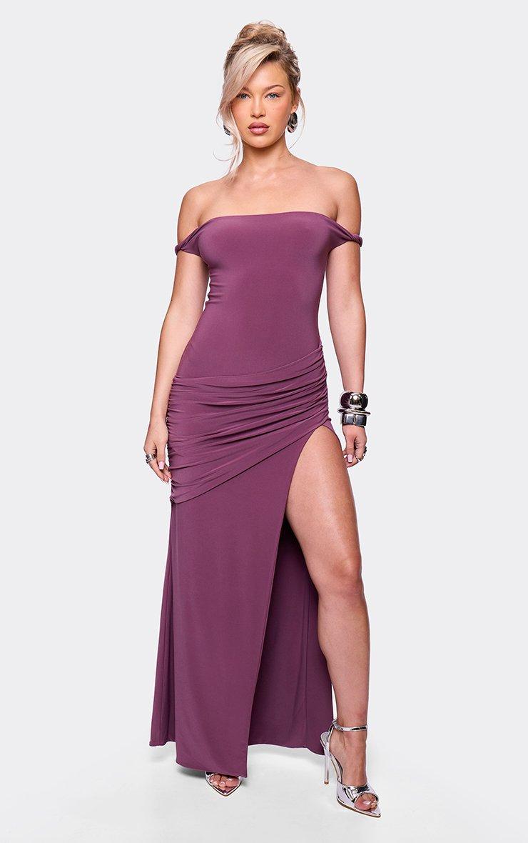 Bright Purple Bridesmaid Dresses Dresses Luxe Off Shoulder Draped Hem Slit  Thigh Party Prom Gown Dress