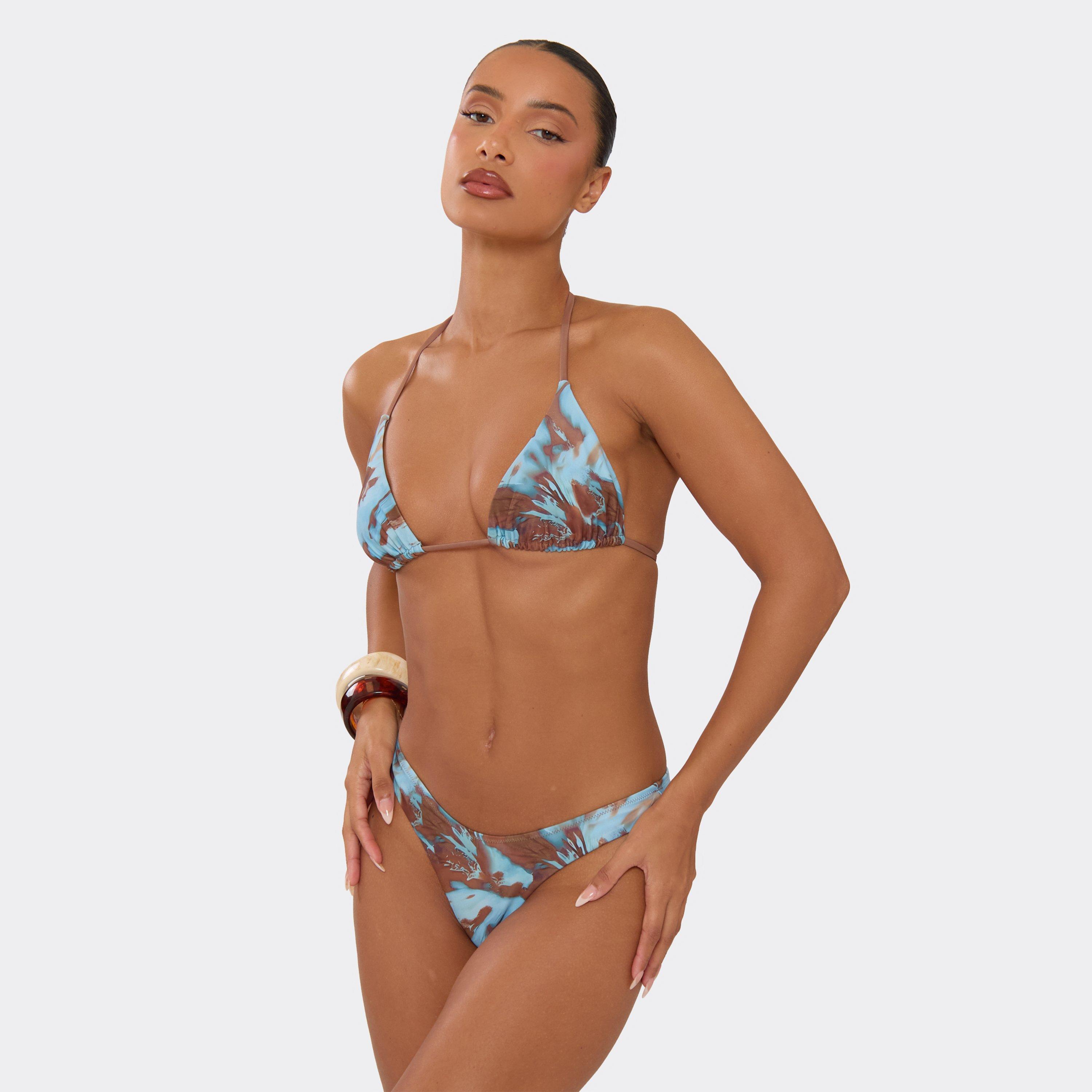 Halterneck Triangle Bikini Top In Brown Abstract Print, Women's Size UK S