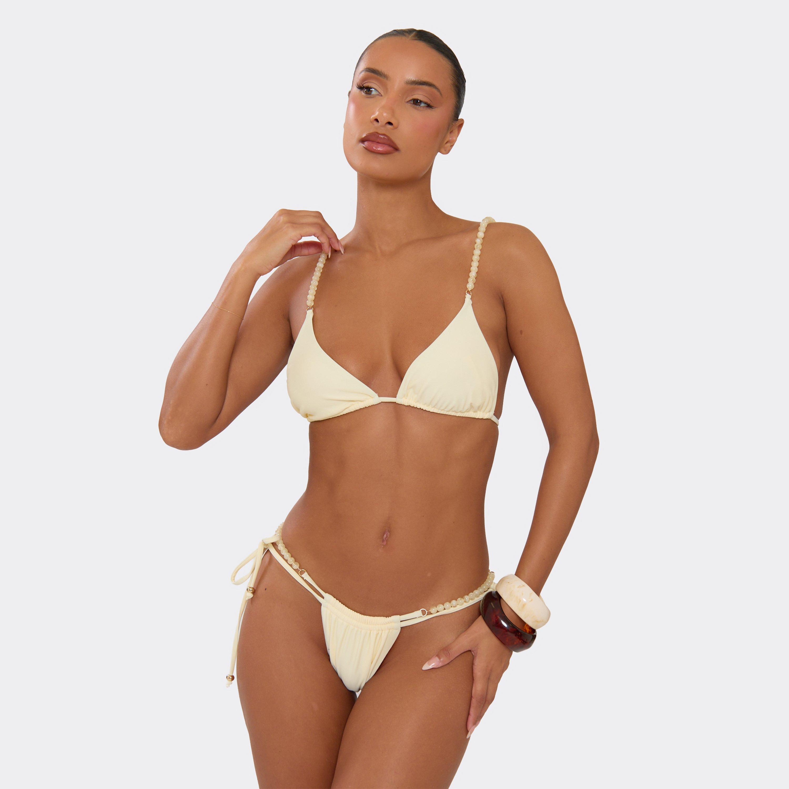 Beaded Strap Detail Triangle Bikini Top In Lemon, Women's Size UK L