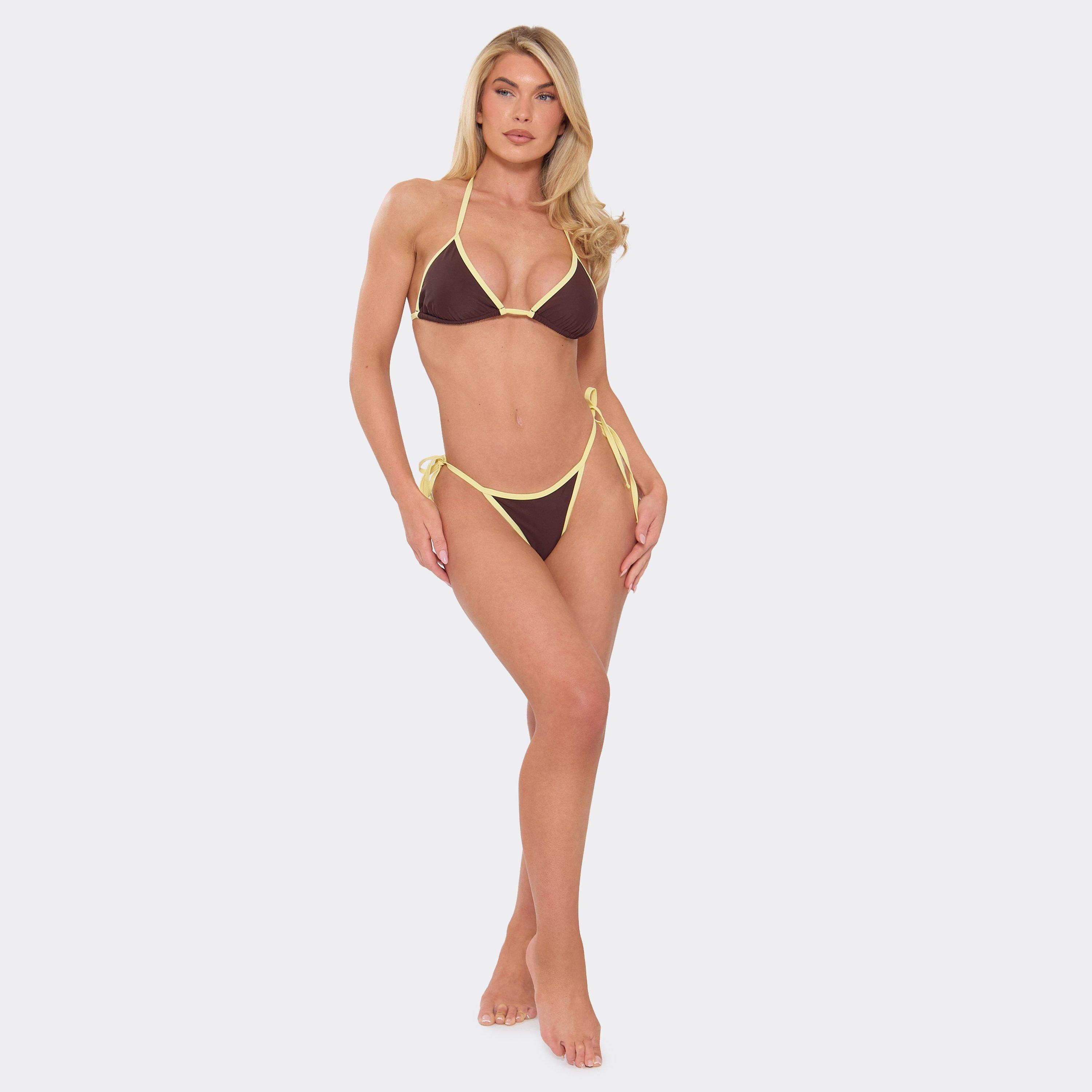 Contrast Trim Tie Side Bikini Bottoms In Brown, Women's Size UK S