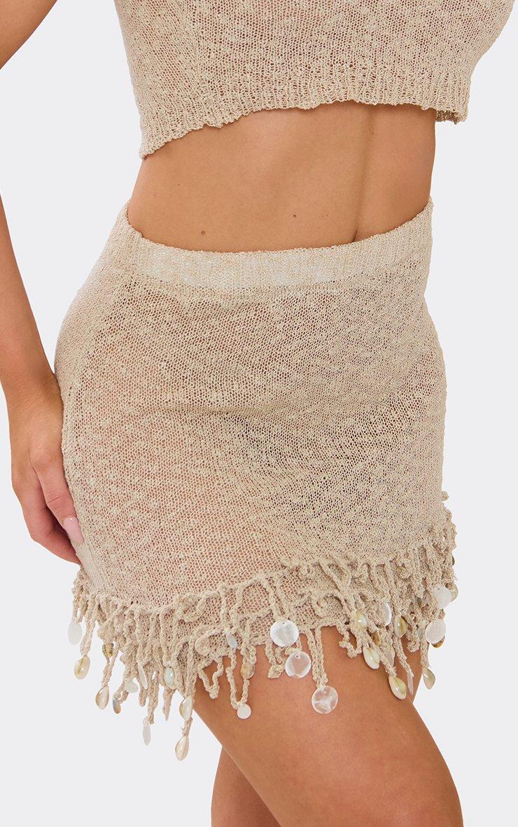 パーバーズ　Knit Lace Jagged-hem Skirt / Beige Mid Rise Shell Hem Detail Mini Skirt In Taupe Sheer Knit | EGO US