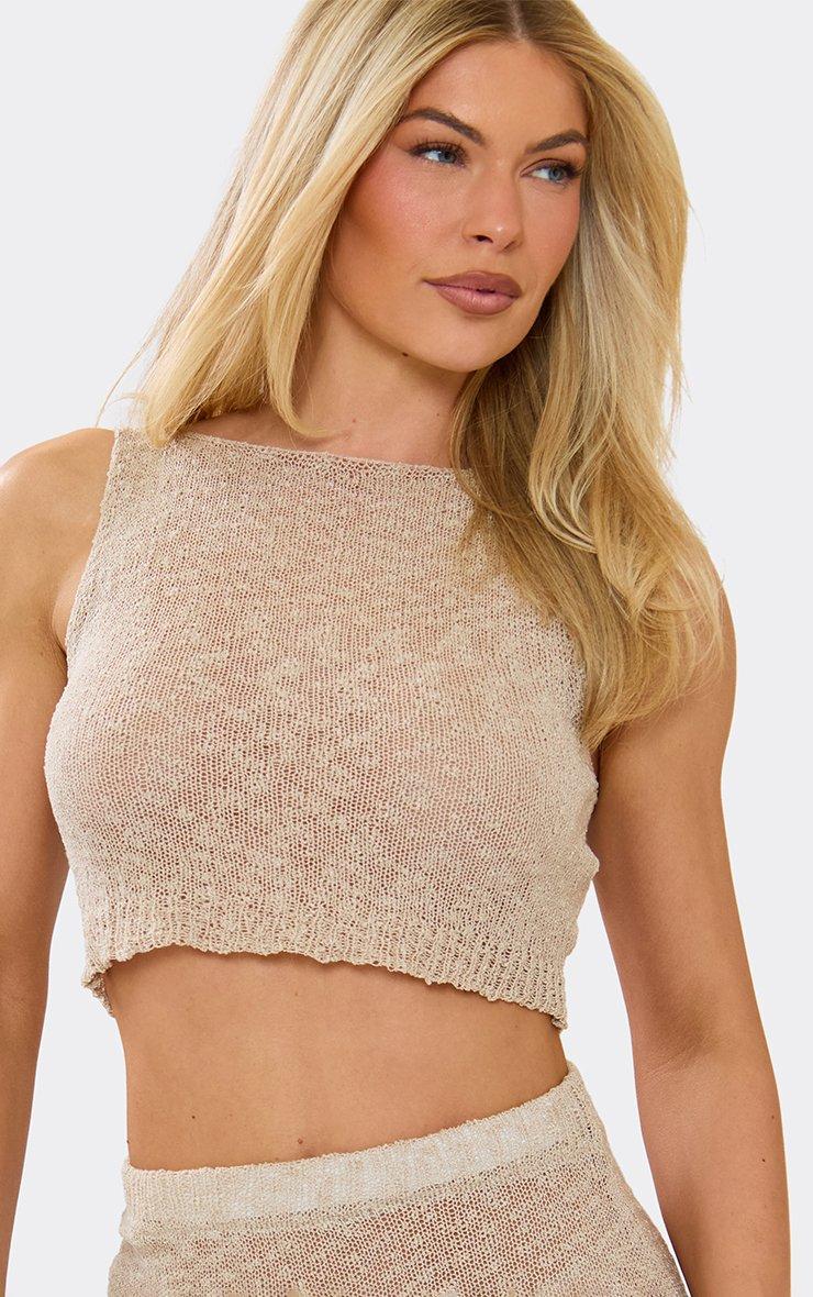 Sleeveless Boat Neck Crop Top In Taupe Sheer Knit | EGO UK | EGO