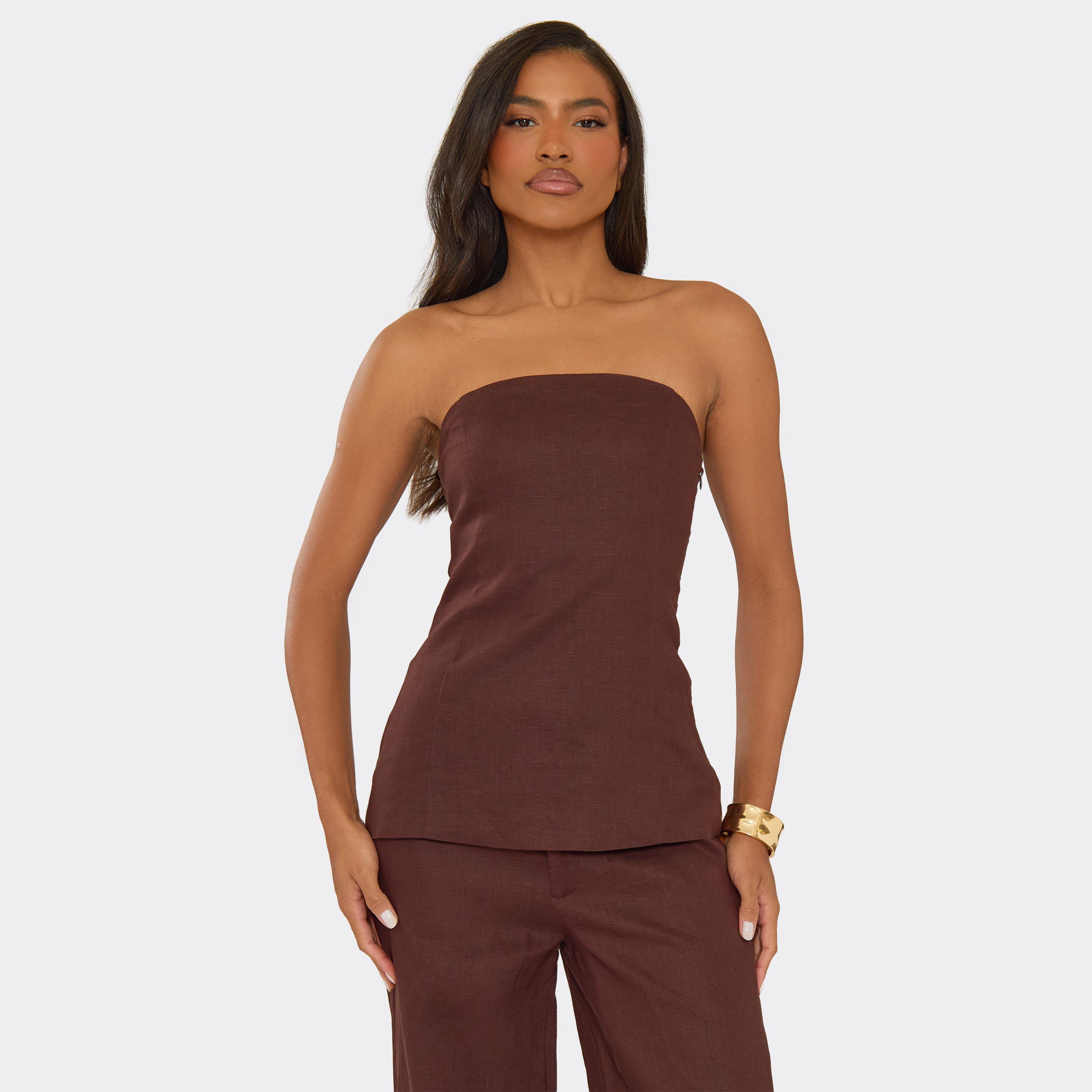Bandeau Longline Top In Chocolate Brown Linen, Women’s