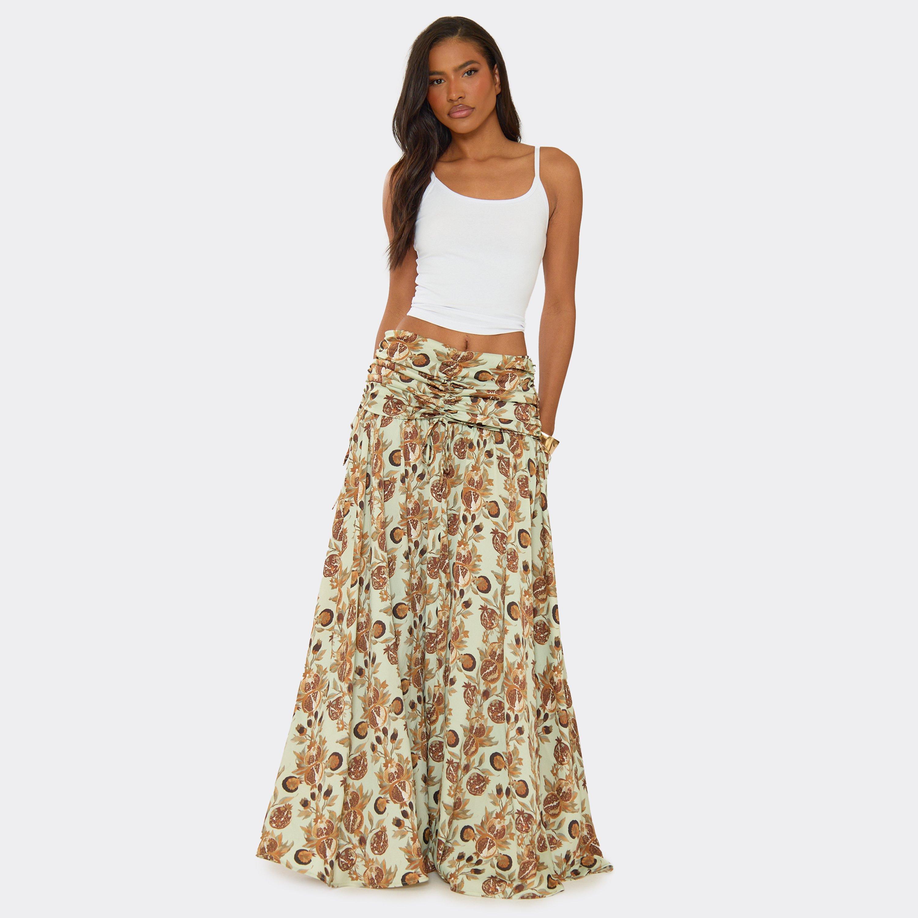 Mid Rise Ruched Foldover Floaty Maxi Skirt In Multi Print Woven, Women’s