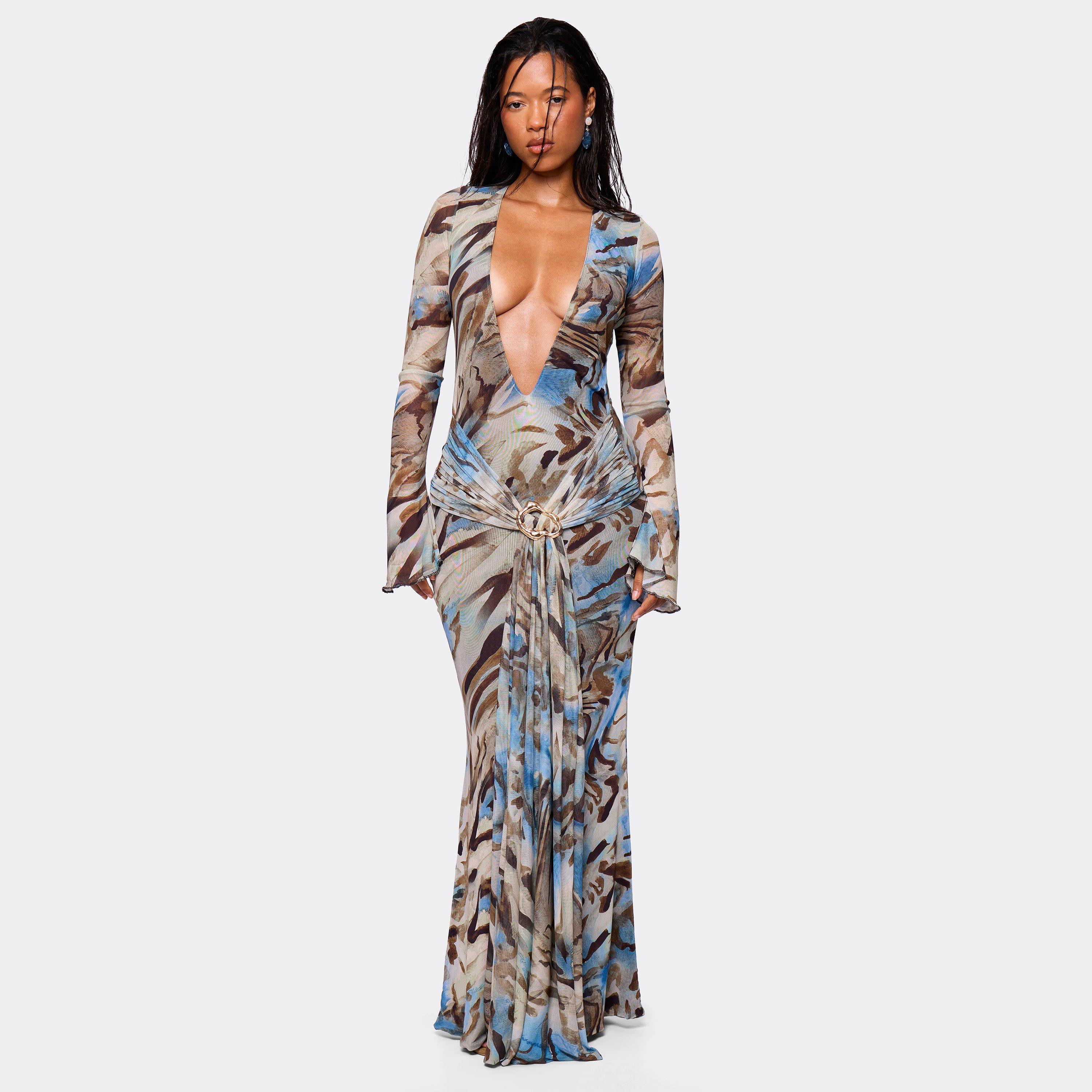 Long Sleeve Plunge Neck Draped Trim Detail Maxi Dress In Green Abstract Print, Women’s
