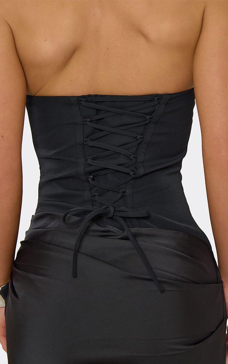 Bandeau Woven Corset Detail Ruched Front Maxi Dress In Black Satin | EGO US  | EGO