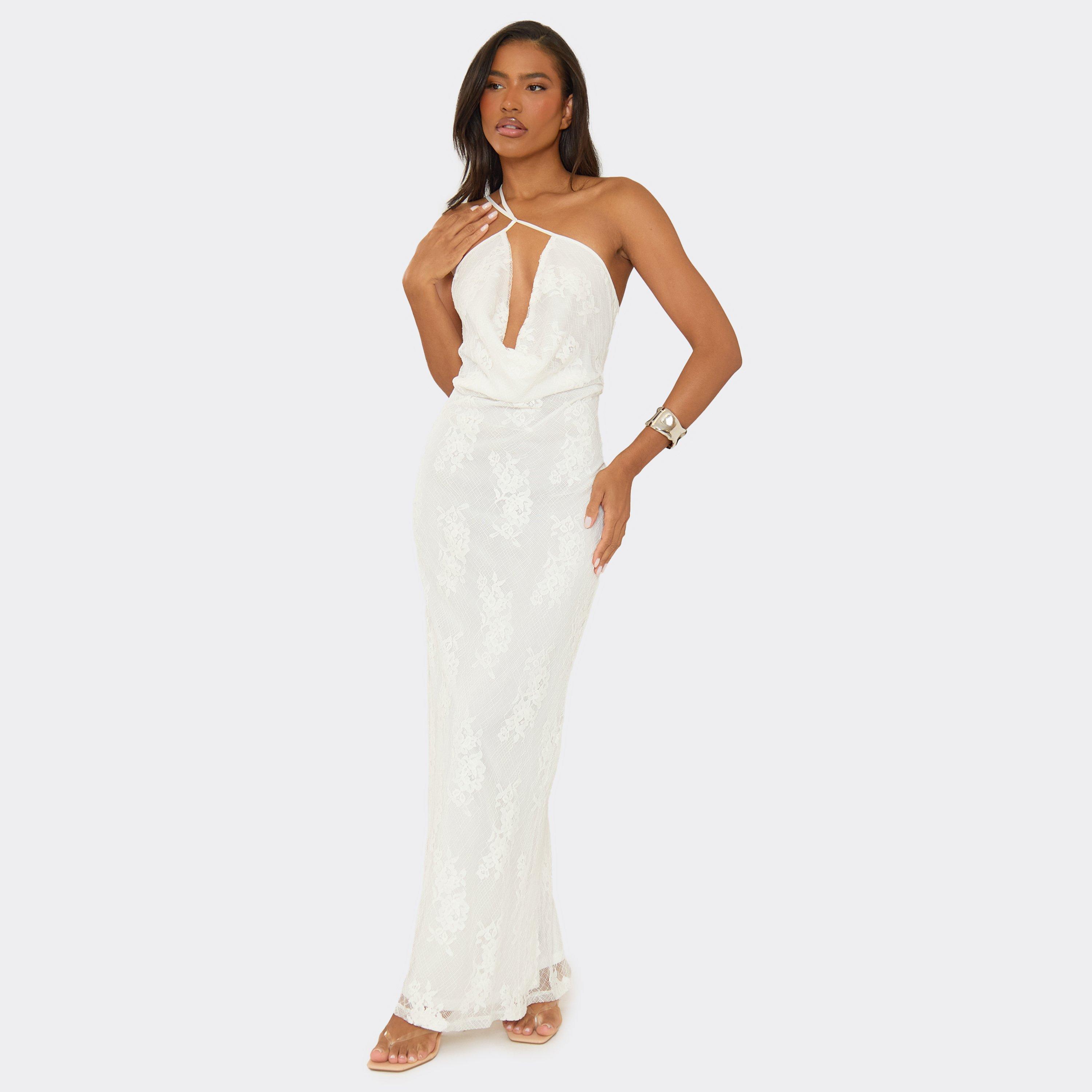 One Shoulder Cowl Front Maxi Dress In White Lace, Women’s