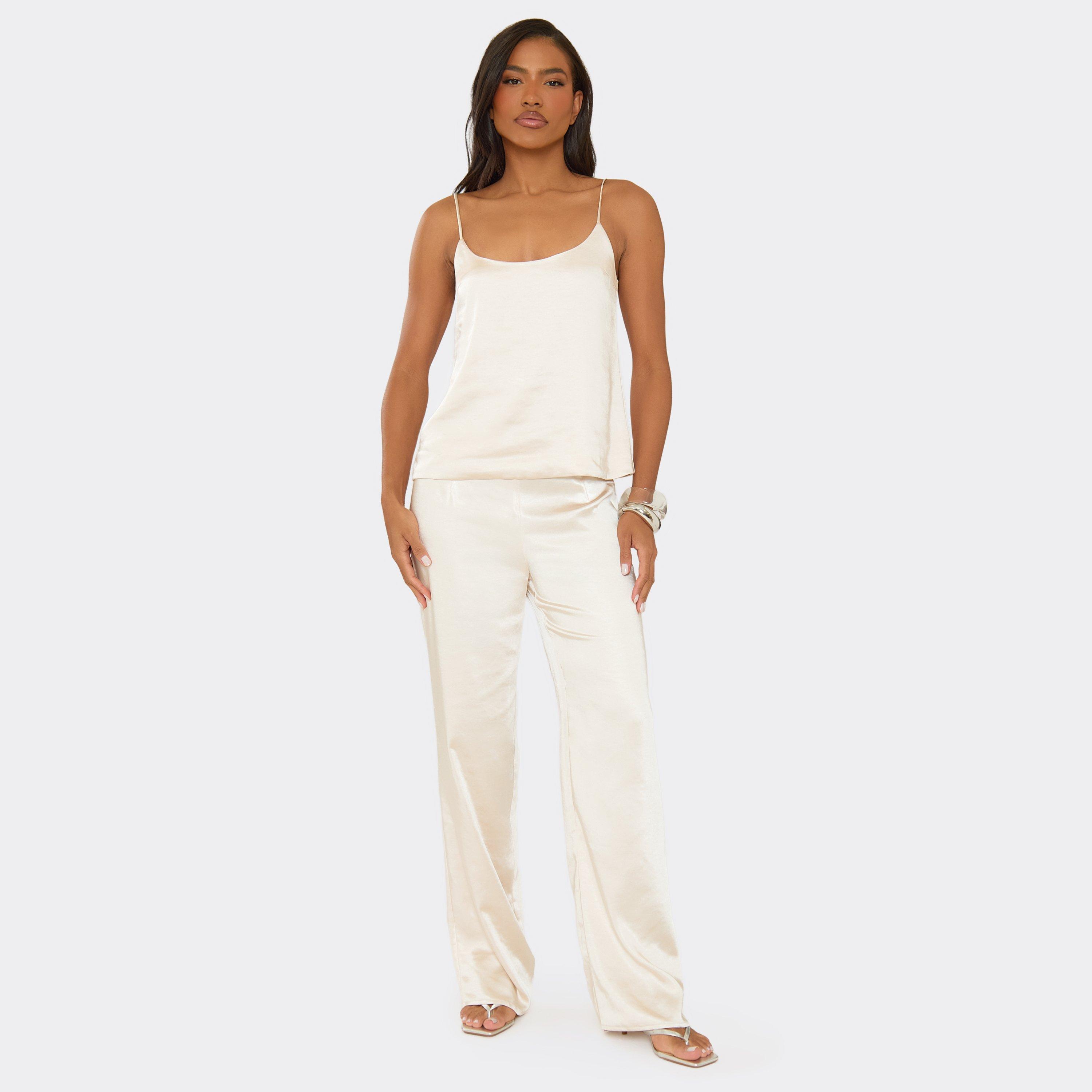 Mid Rise Straight Leg Tailored Trousers In Cream Satin, Women’s