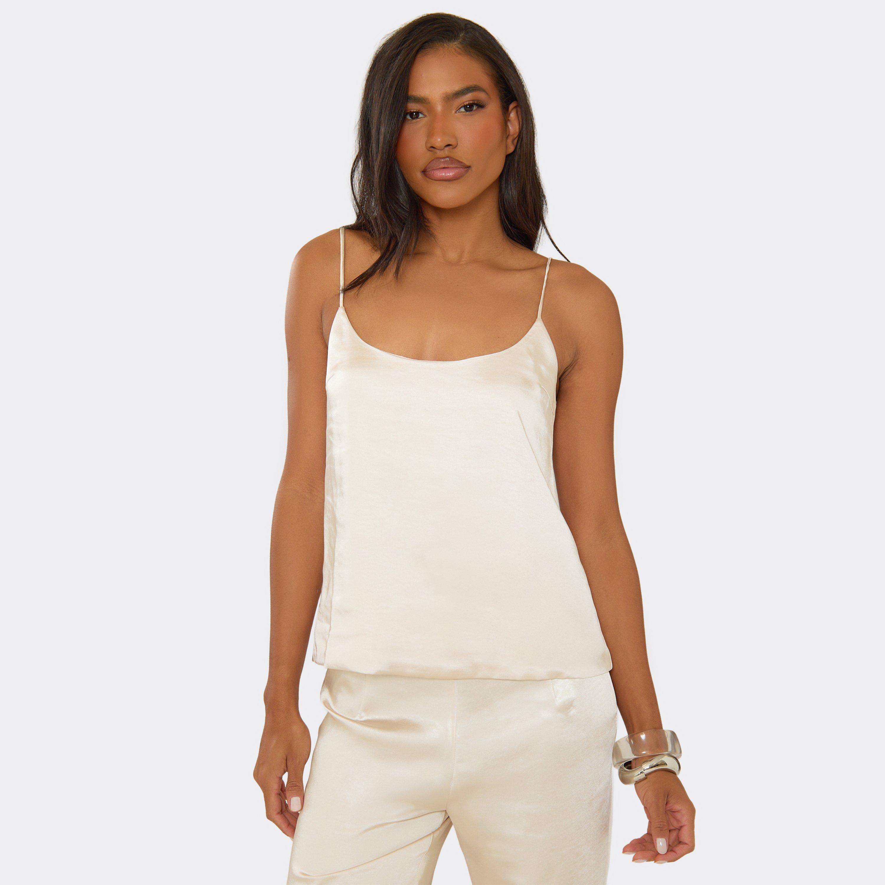 Strappy Scoop Neck Cami Top In Cream Satin, Women's Size UK 10