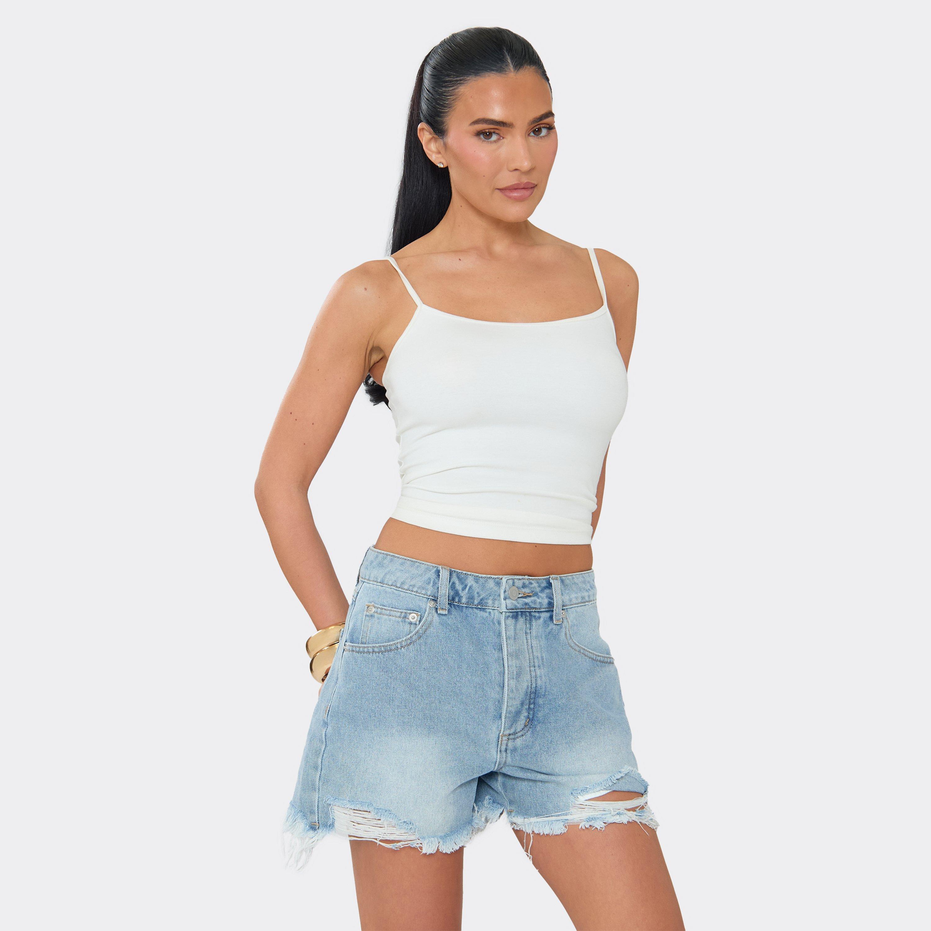 Mid Rise Distressed Detail Shorts In Light Blue Wash Denim, Women's Size UK 6