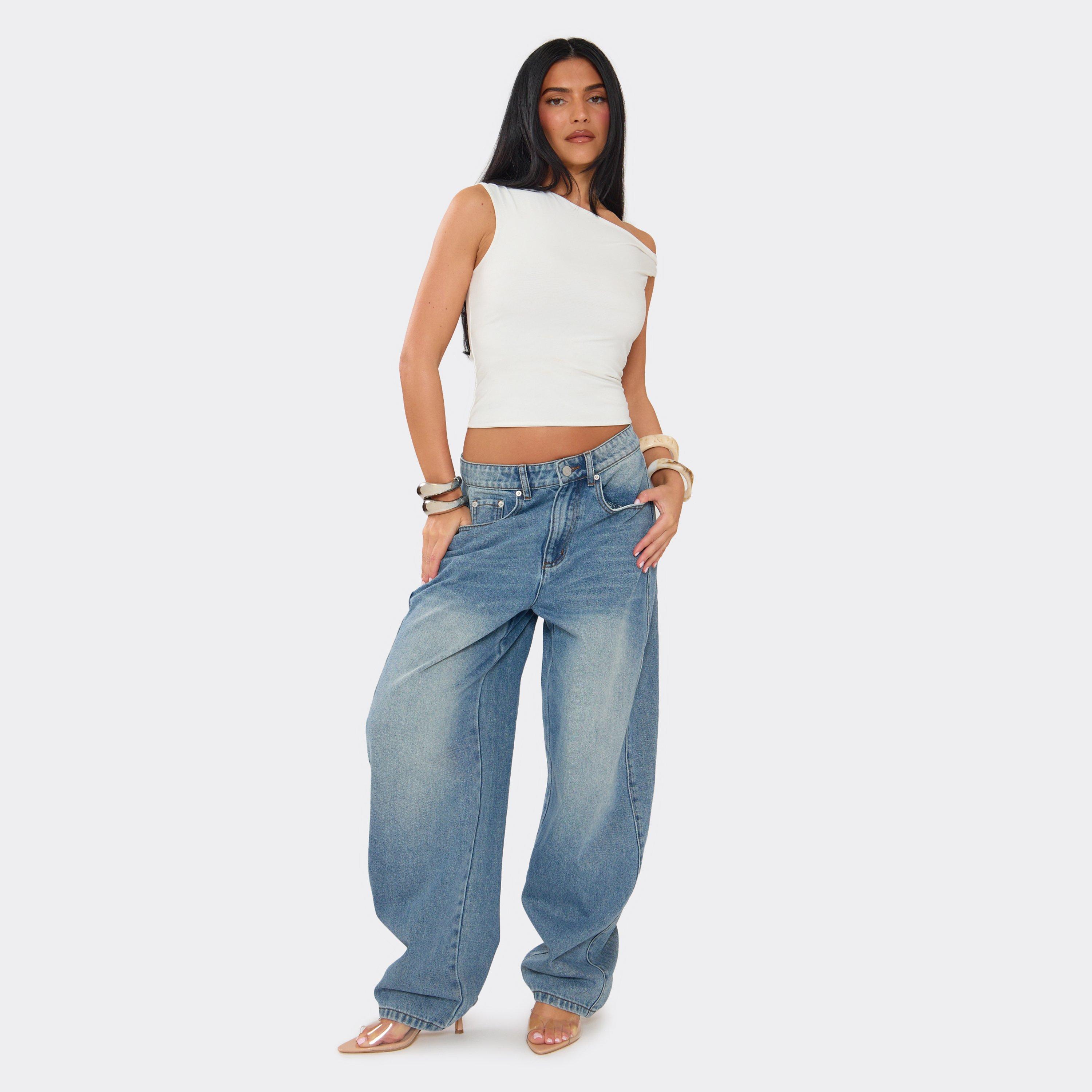Oversized Barrel Jeans In Mid Blue Denim, Women's Size UK 6