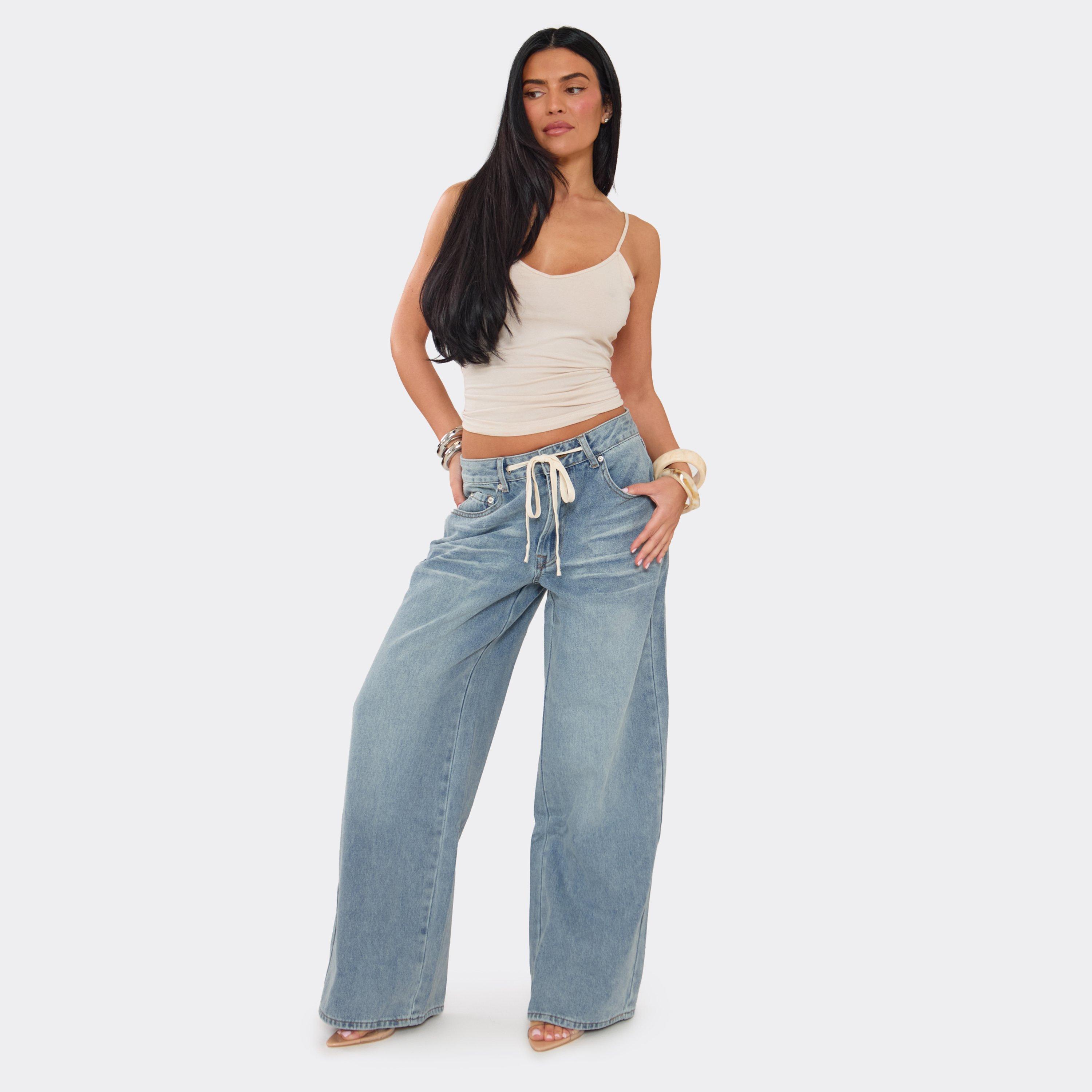 Drawstring Waist Wide Leg Jeans In Blue Denim, Women's Size UK 6