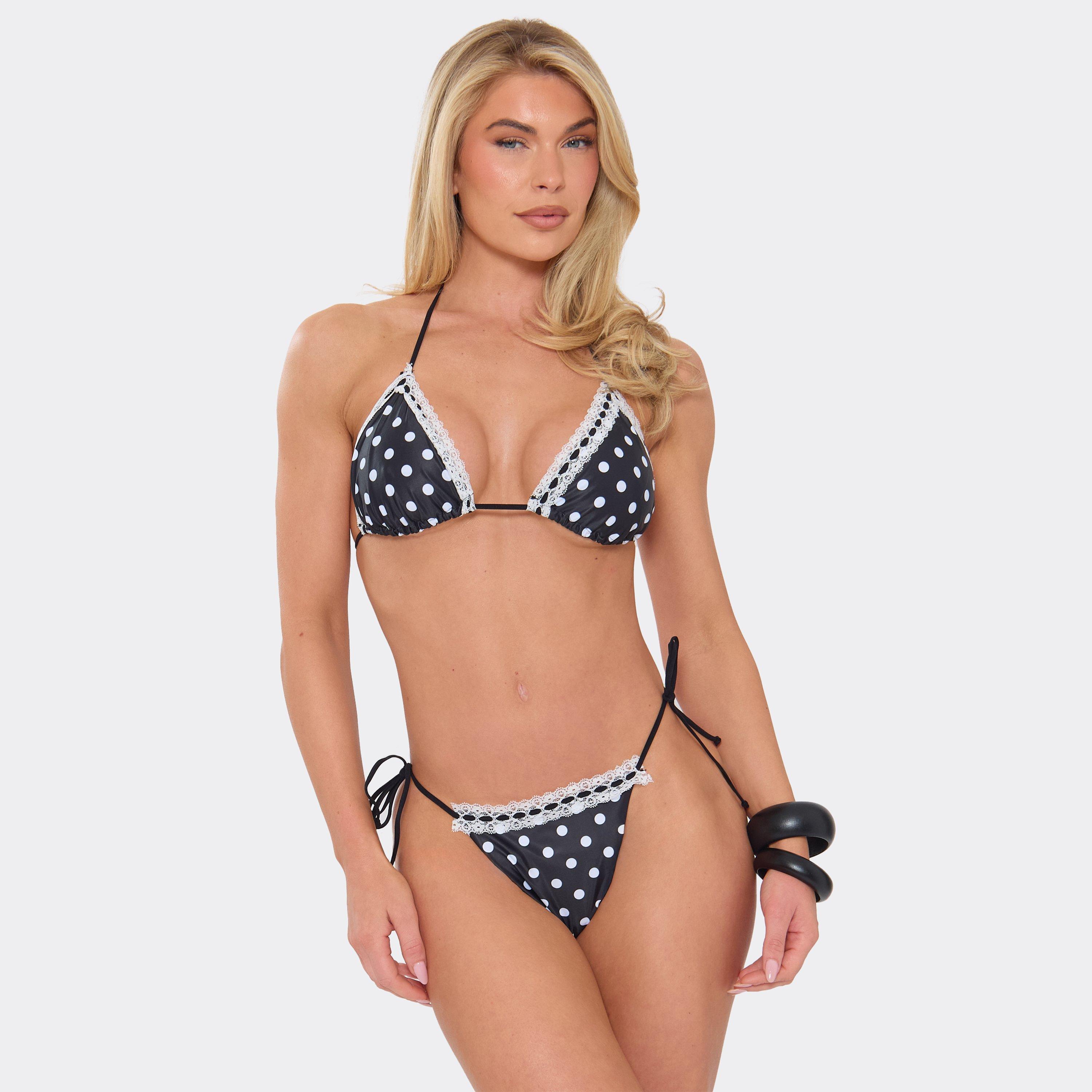 Lace Trim Triangle Bikini Top In Black Polka Dot, Women's Size UK S