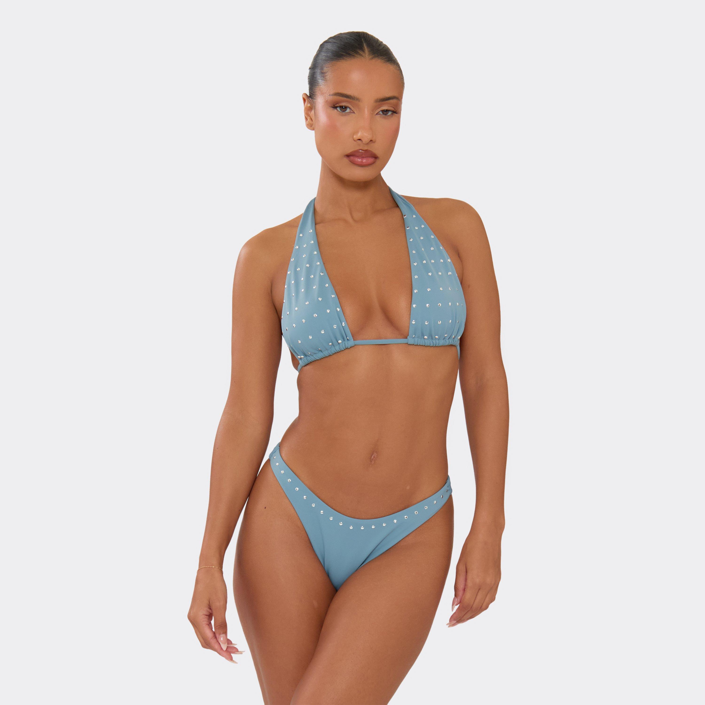 Halterneck Stud Detail Bikini Top In Powder Blue, Women's Size UK XS