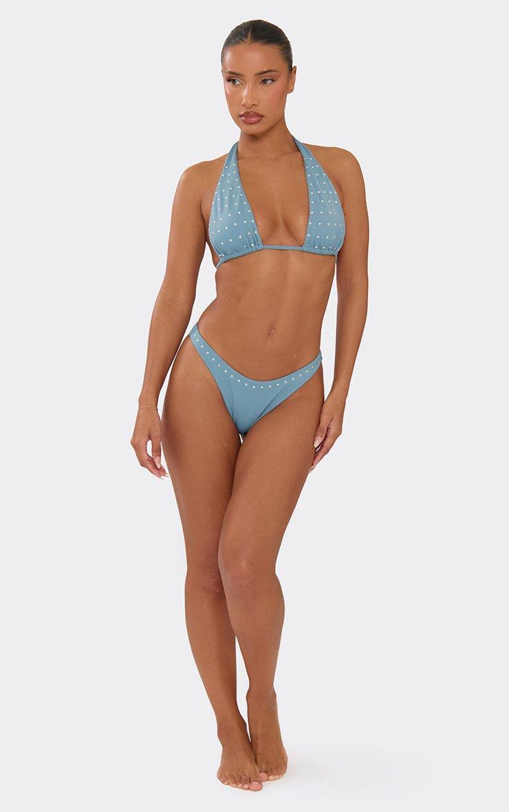 Tringle Tie Side Thong Bikini Set In Blue Bright Fruit Print | EGO