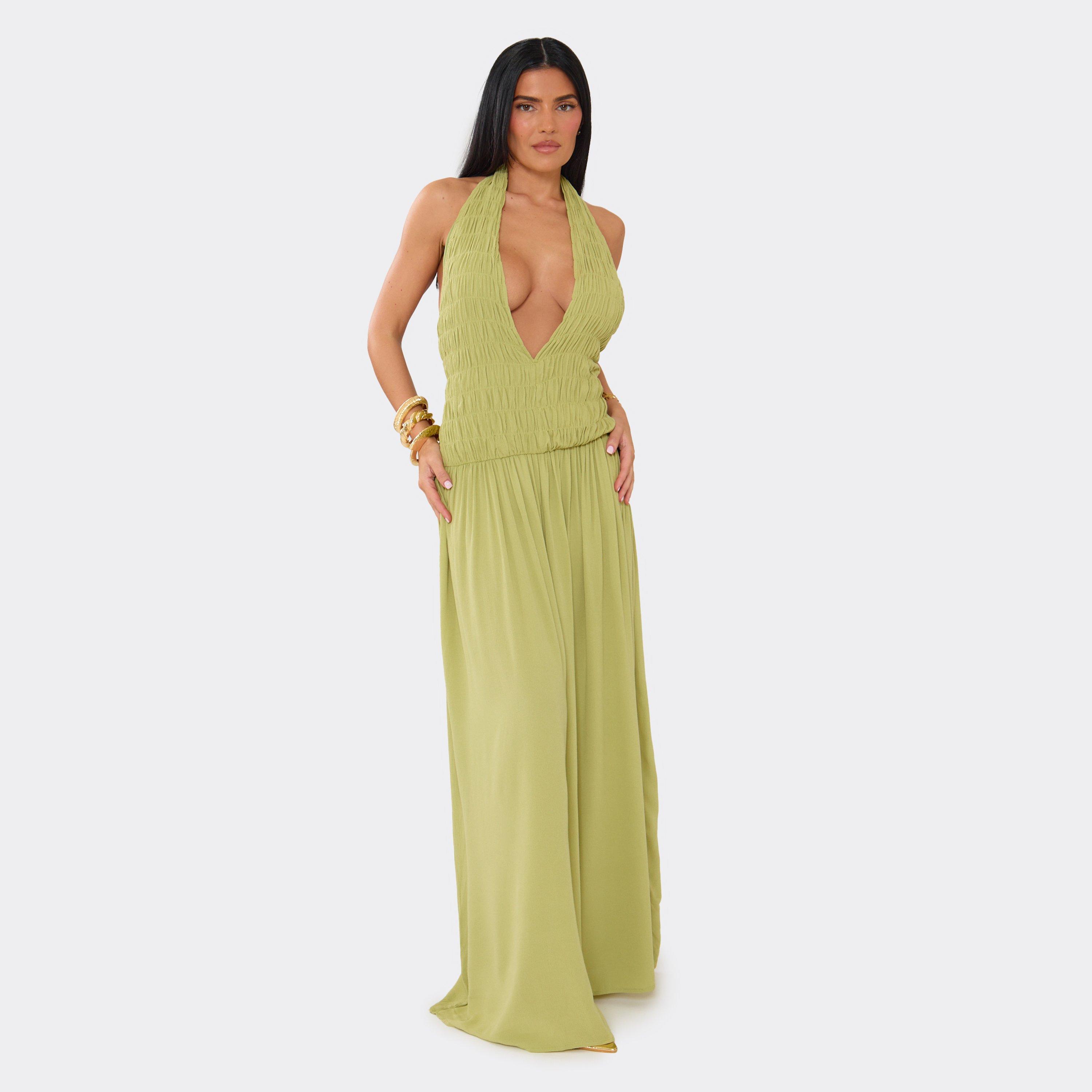 Plunge Halterneck Shirred Detail Backless Maxi Dress In Green Cheesecloth, Women's Size UK 10