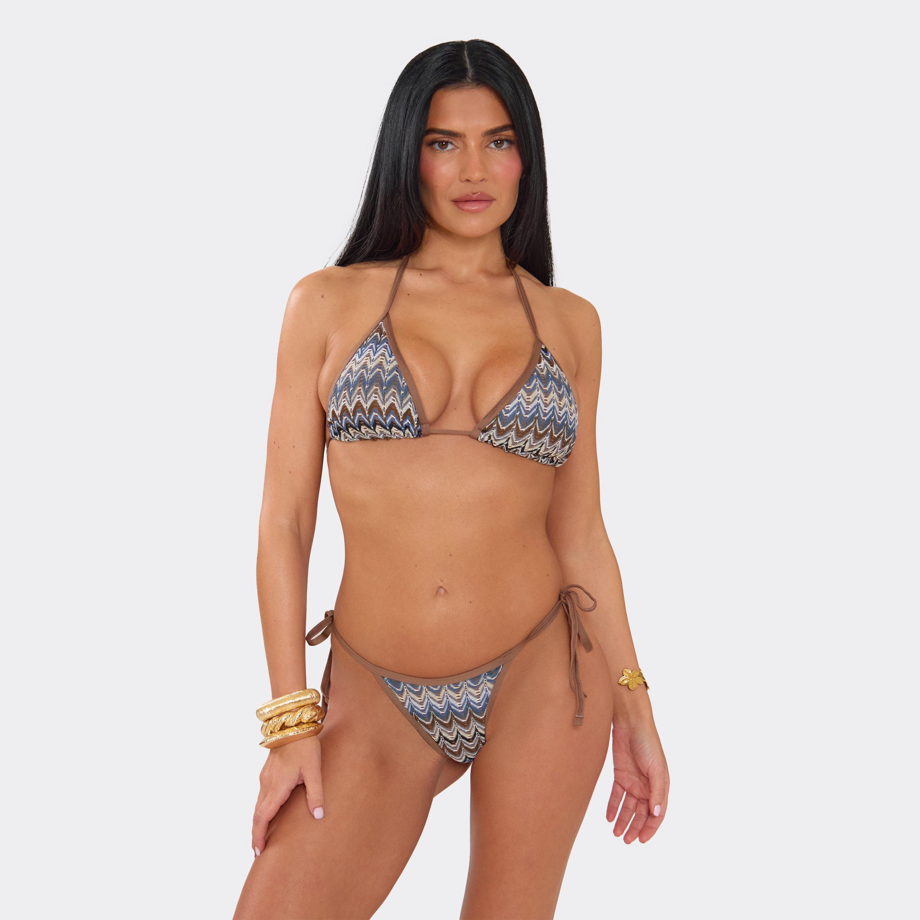 Tie Side Bikini Bottoms In Blue Multi Zigzag Print, Women's Size UK XS