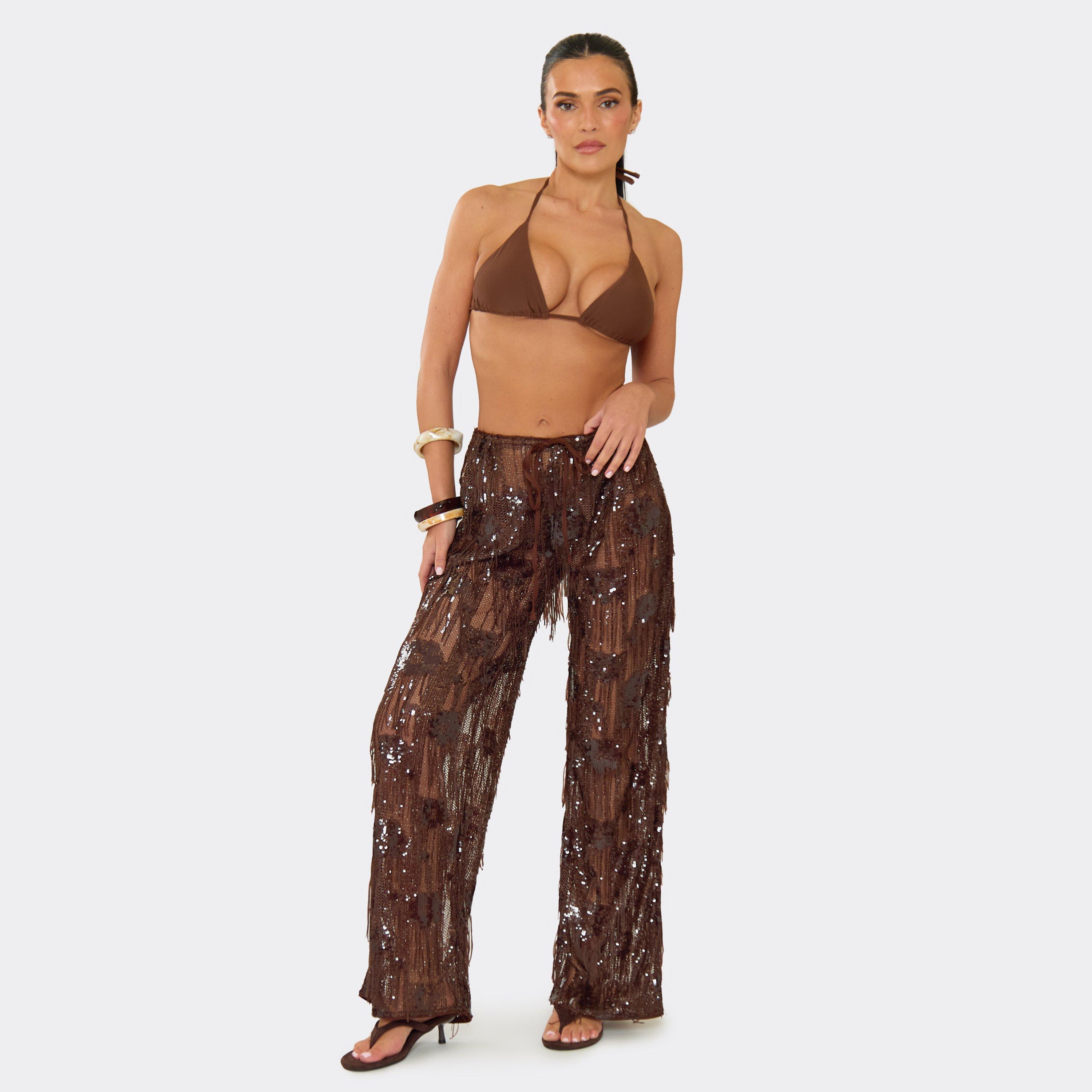 Drawstring Waist Sequin Tassel Straight Leg Trouser In Brown, Women's Size UK L