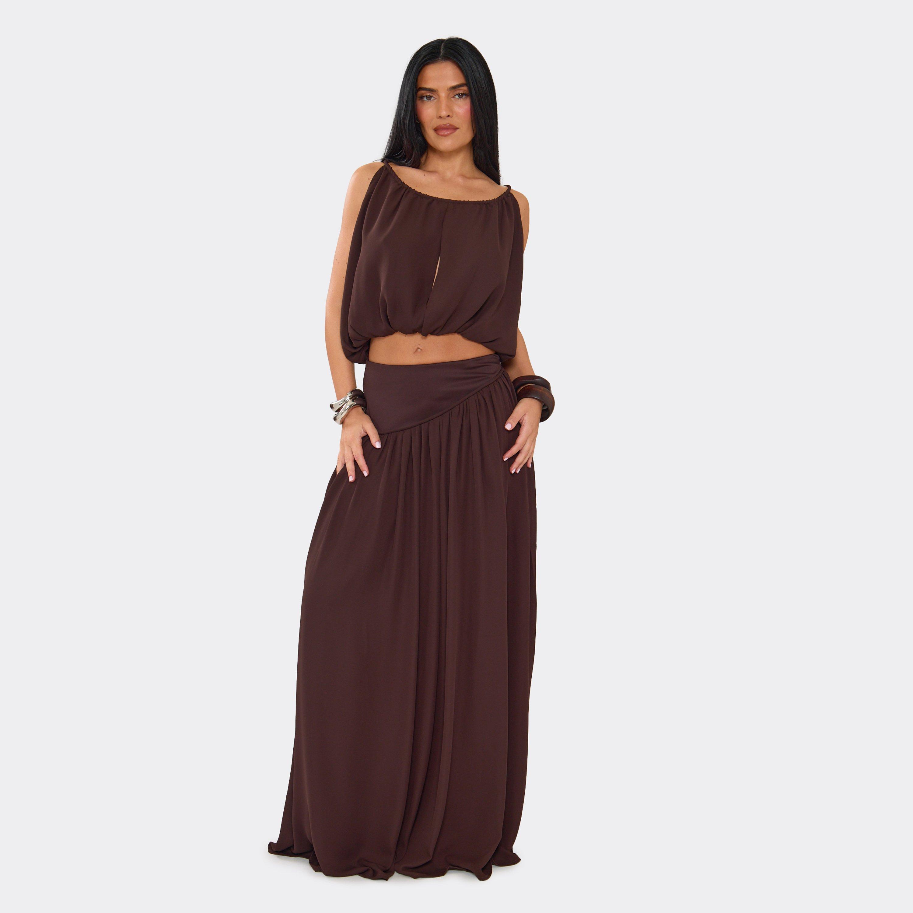 Asymmetric Drop Waist Ruched Maxi Skirt In Chocolate Brown Woven, Women's Size UK 12