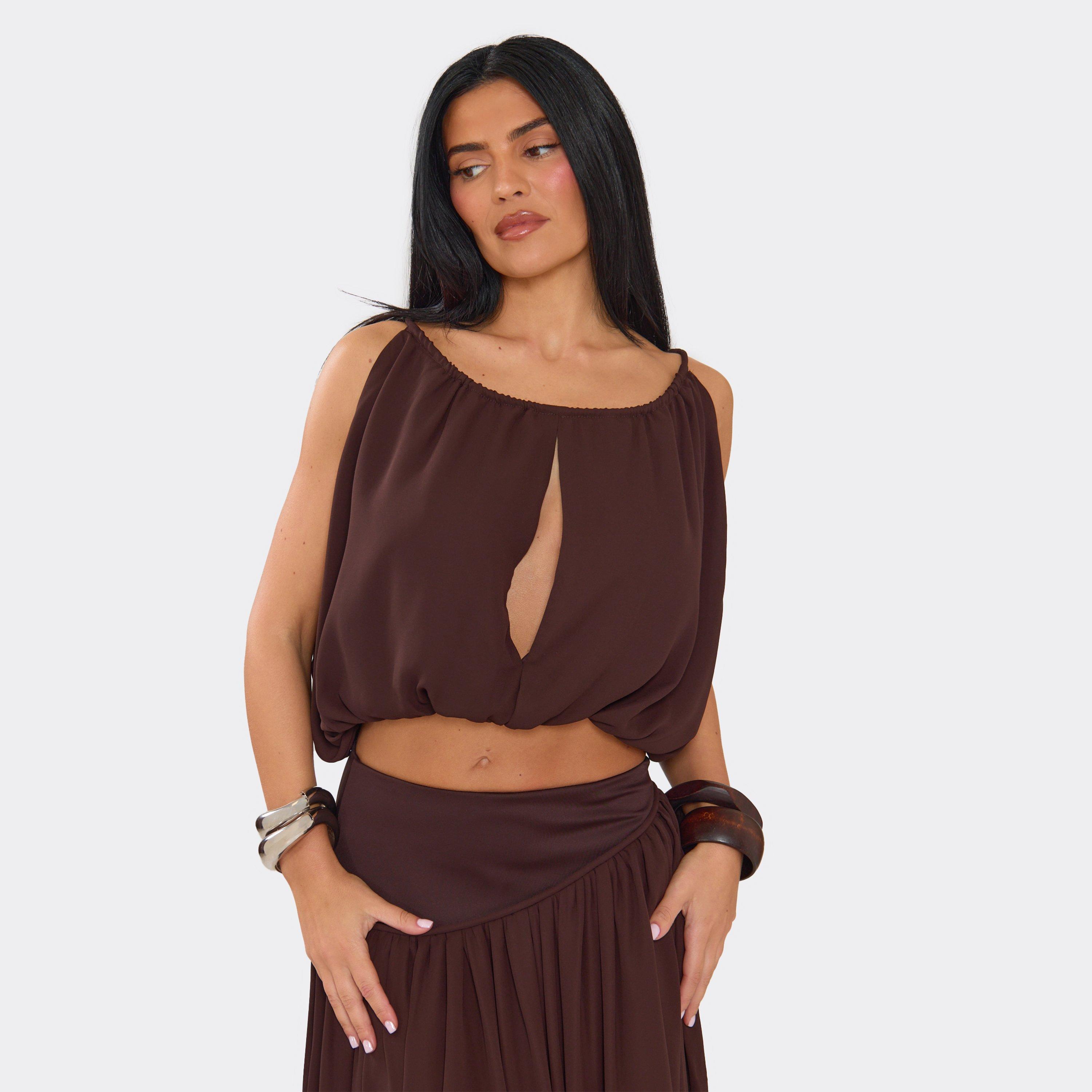 Scoop Neck Tie Back Detail Sleeveless Crop Top In Chocolate Brown Woven, Women's Size UK 8