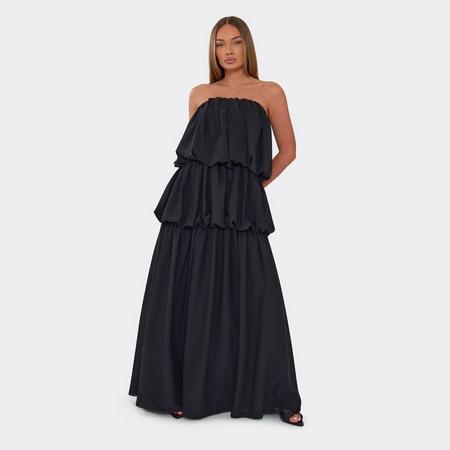 Bandeau Tiered Ruched Maxi Dress In Black Chiffon, Women's Size US