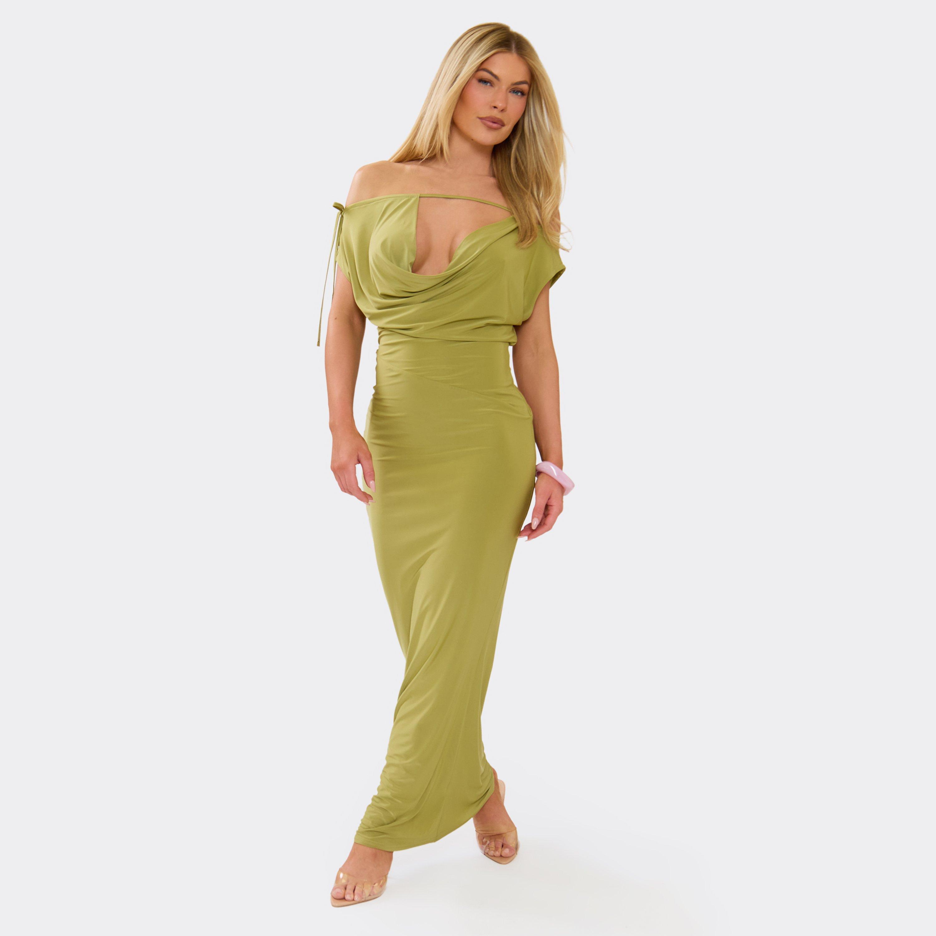Off The Shoulder Cowl Neck Plunge Front Double Layer Maxi Dress In Green Slinky, Women’s