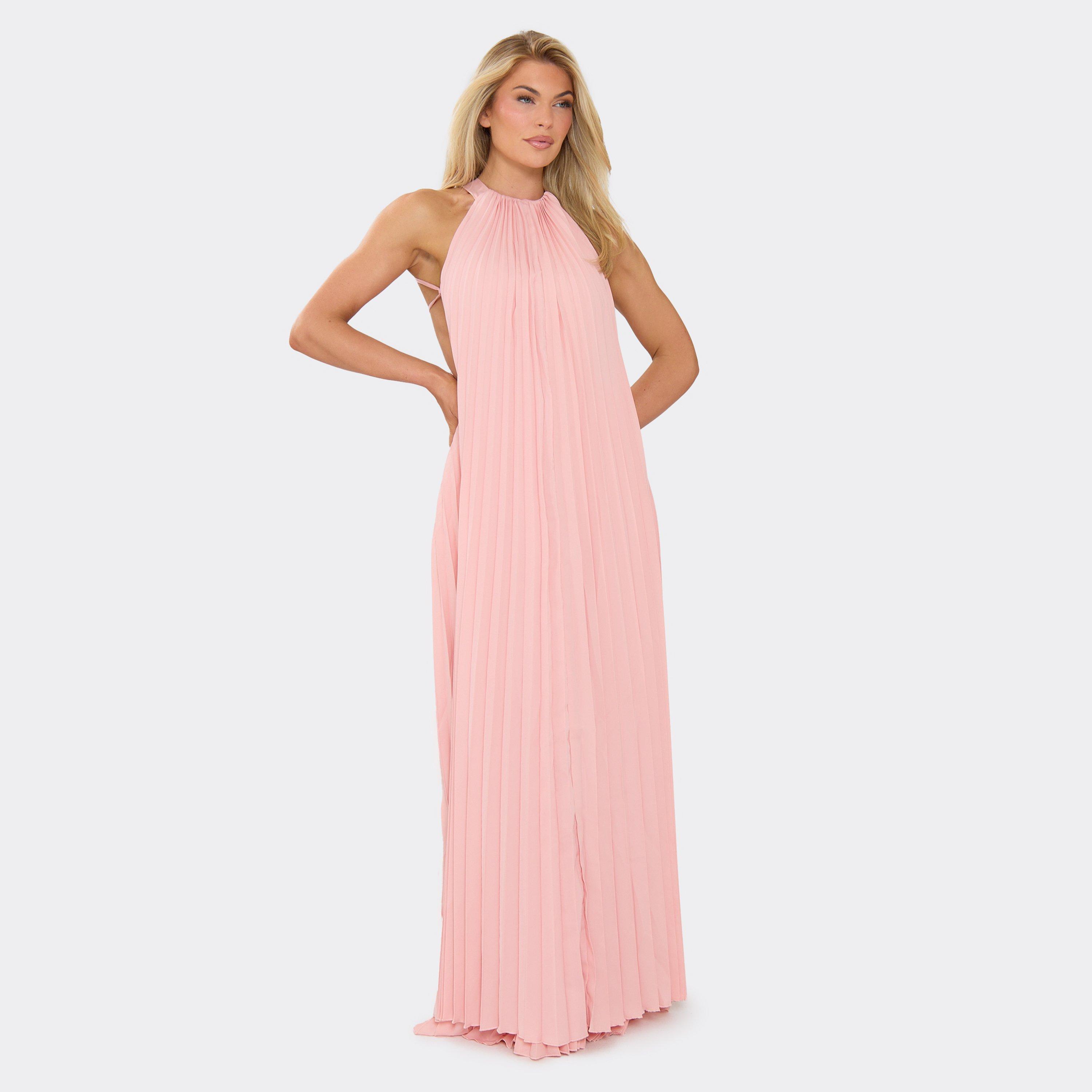 High Neck Backless Pleated Maxi Dress In Pink Chiffon., Women's Size UK 8