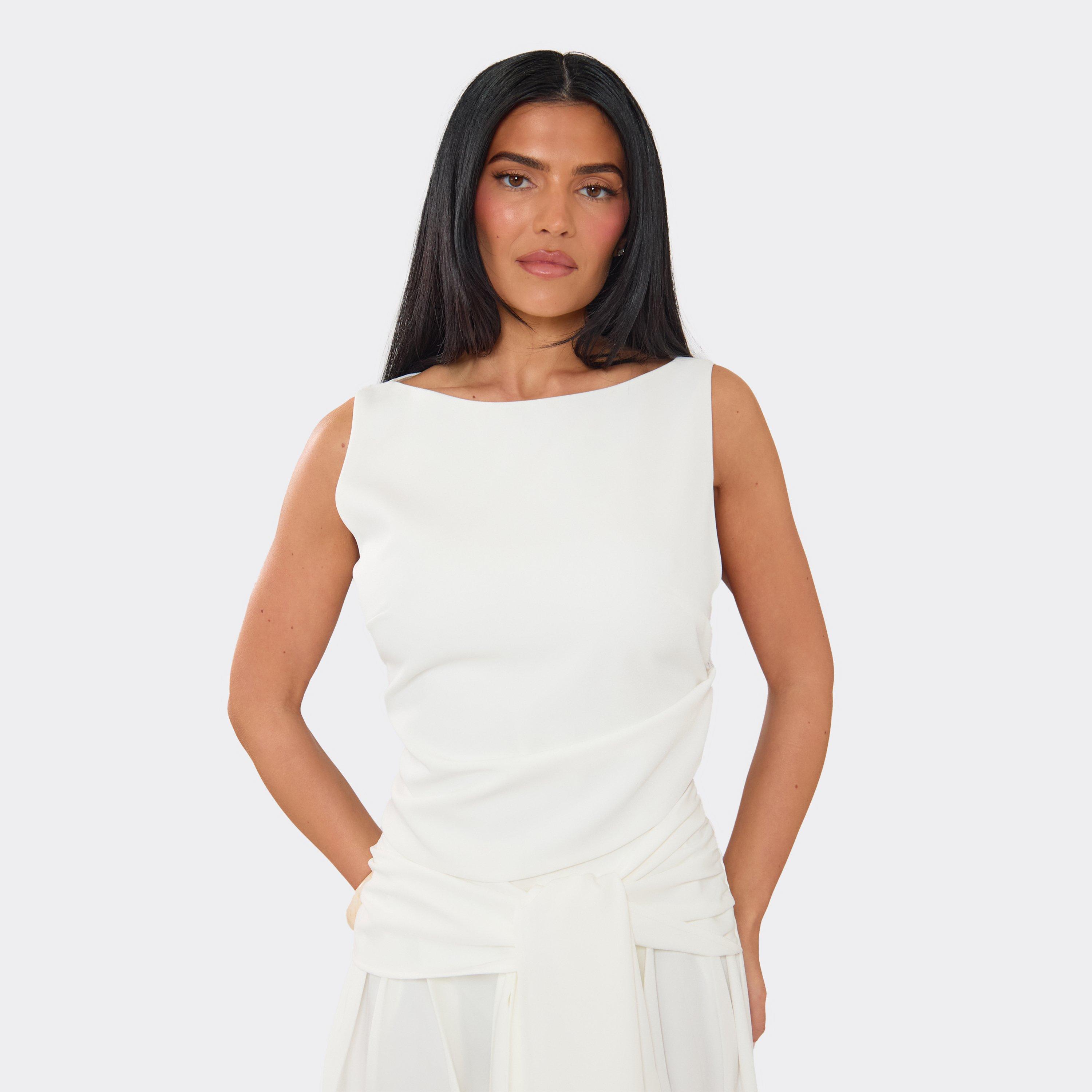 Twisted Side Detail Sleeveless Top In White Woven., Women's Size UK 10