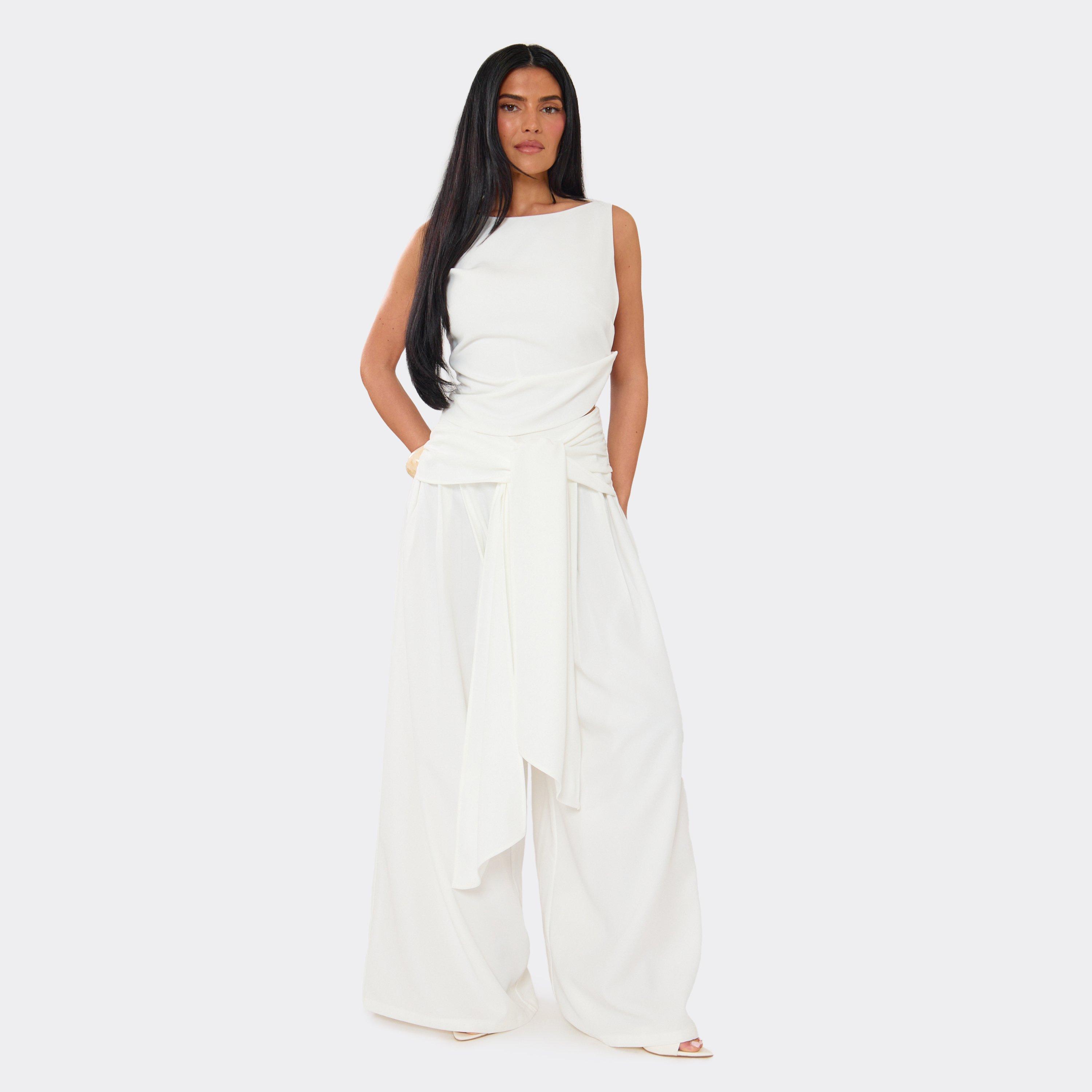 Wrap Tie Waist Wide Leg Trousers In White Woven, Women's Size UK 12