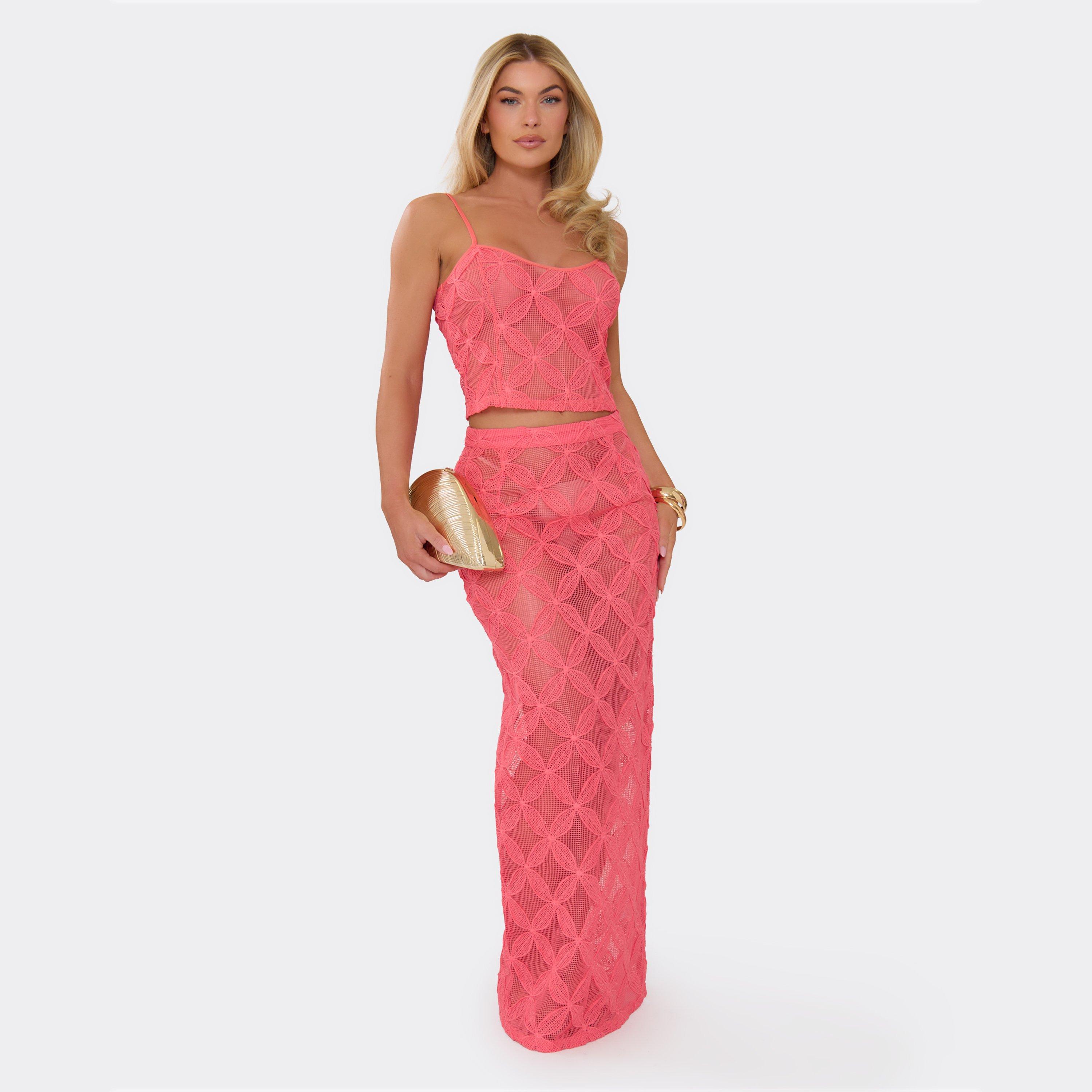 Split Back Maxi Skirt In Coral Floral Texture, Women's Size UK 8