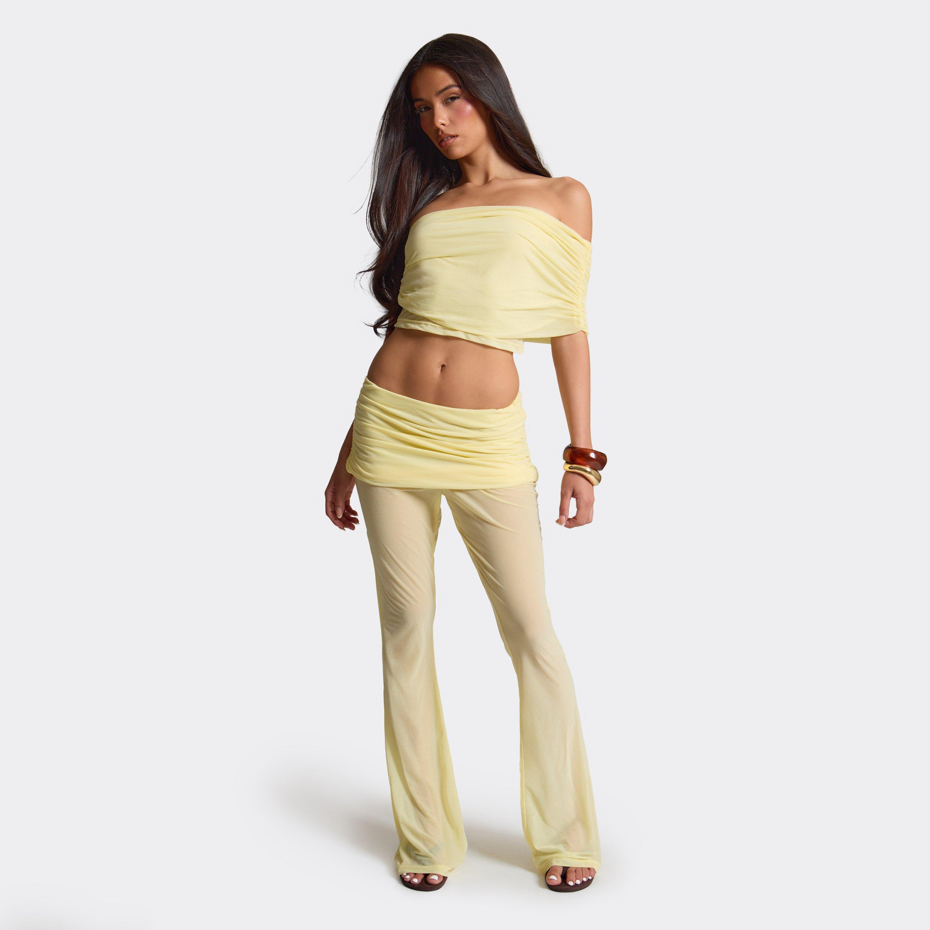 Fold Over Ruched Stretchy Skinny Flared Trousers In Lemon Chiffon, Women's Size UK M