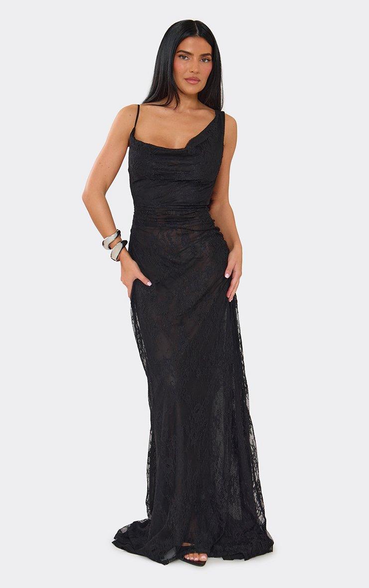 Cowl Neck Twisted Strap Maxi Dress In Black Lace, Women's Size US 8 - EGO