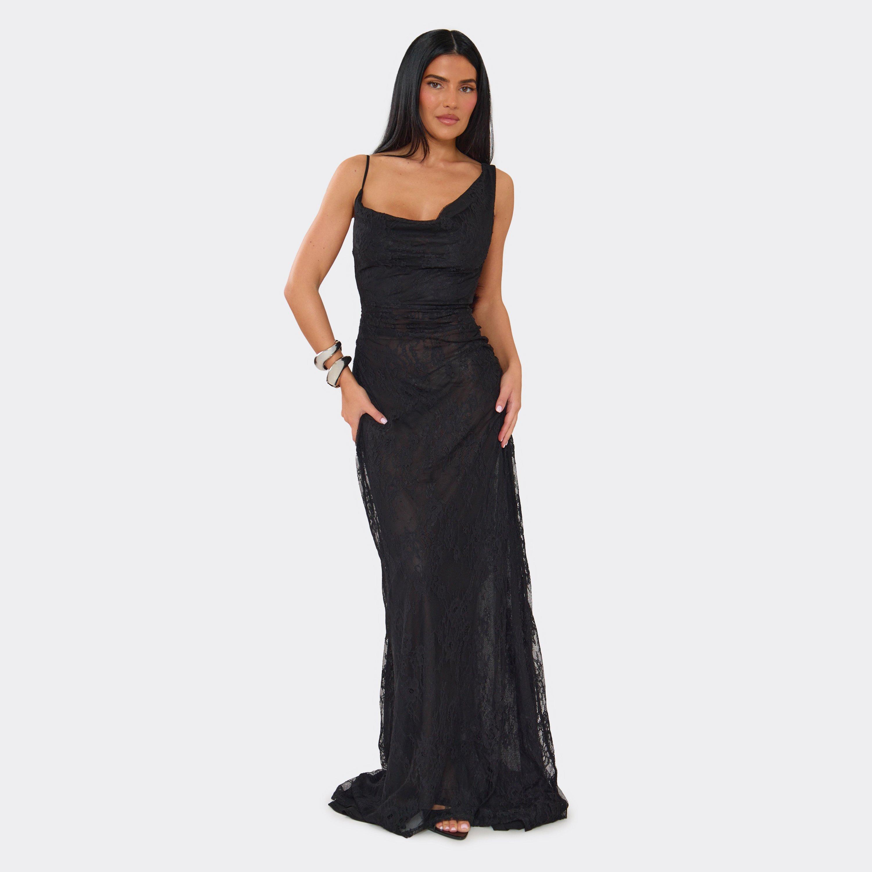 Cowl Neck Twisted Strap Maxi Dress In Black Lace., Women's Size UK 10