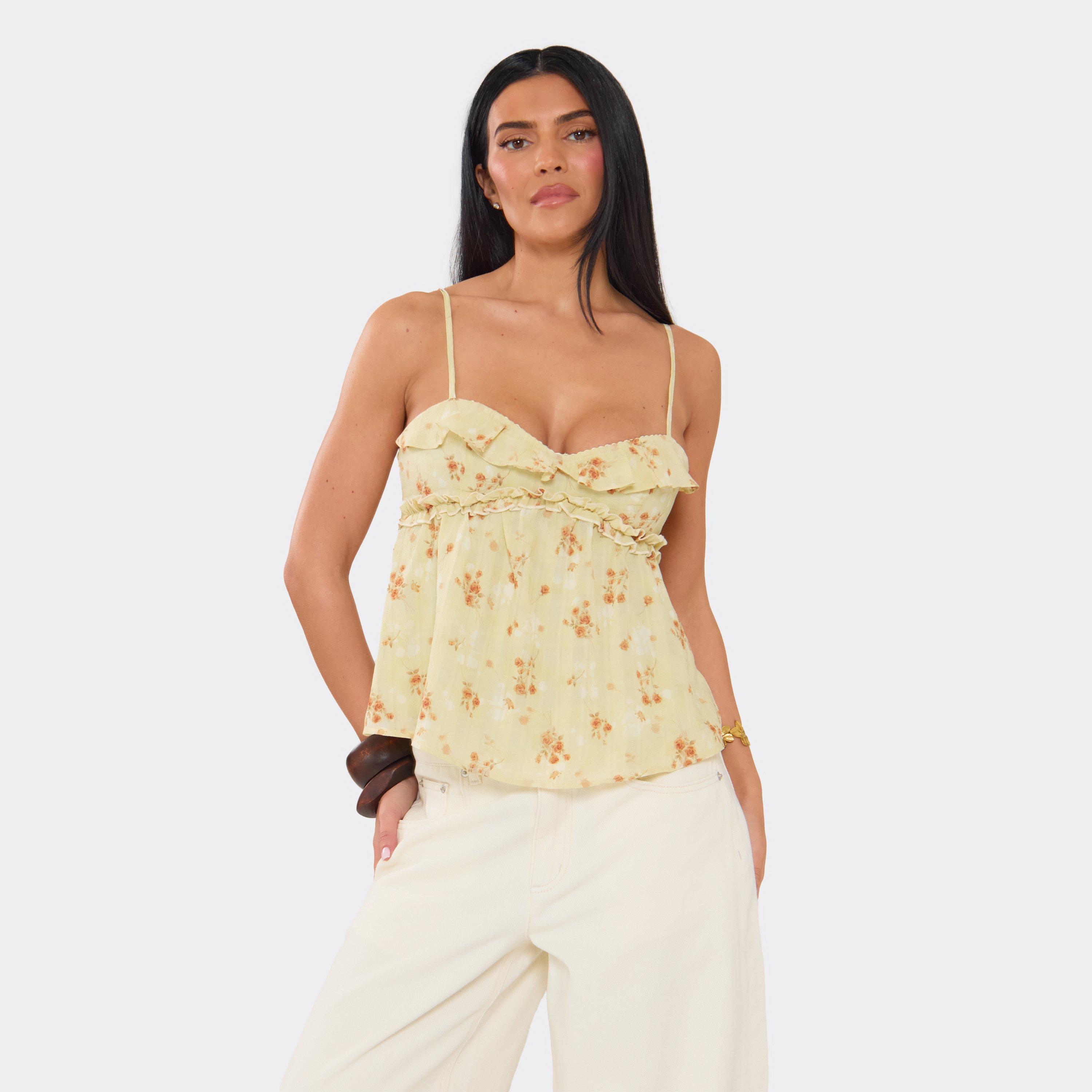 Strappy Frill Detail Cami Top In Sage Green Floral Print Woven, Women's Size UK 8