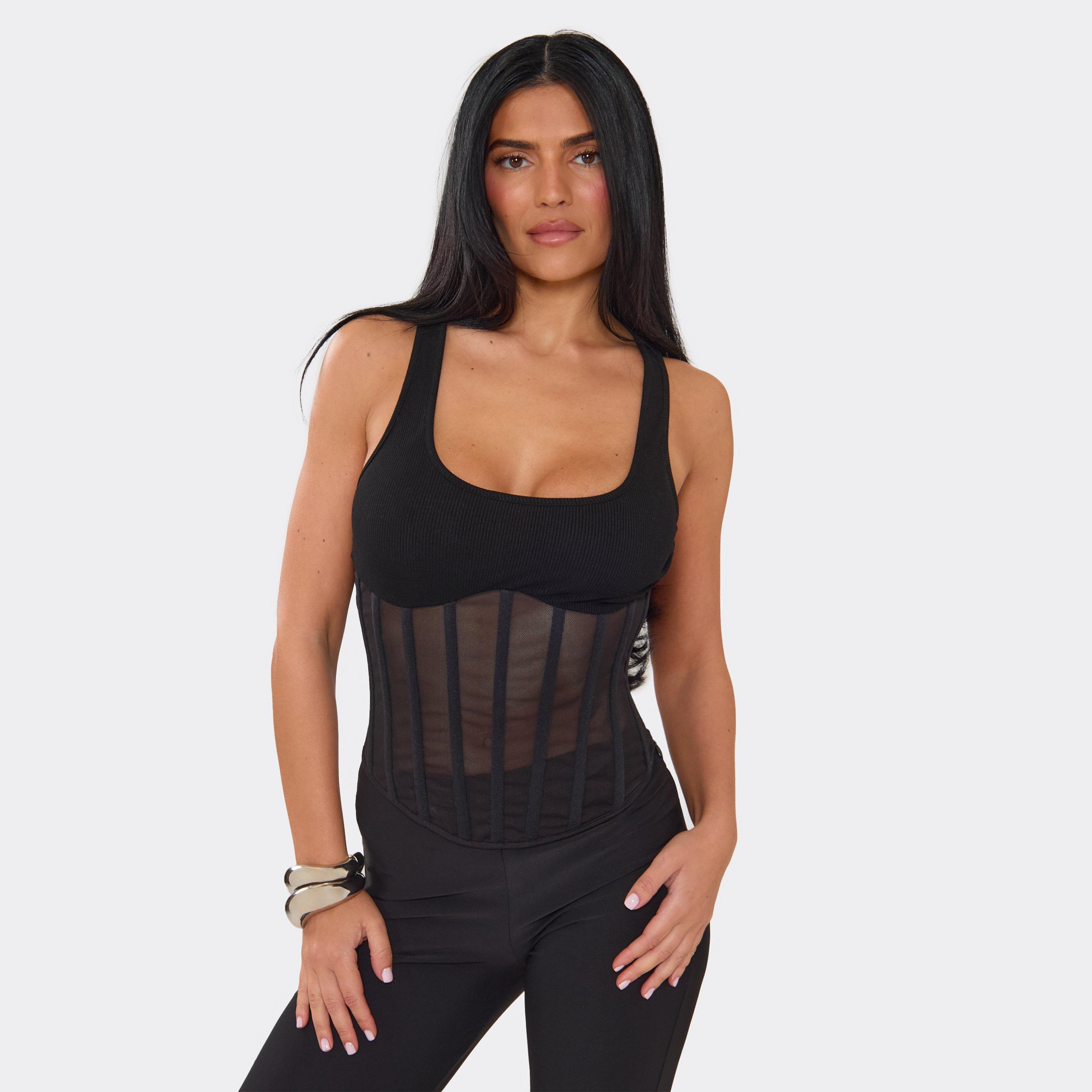 Scoop Neck Ribbed Corset Vest Top In Black, Women's Size UK 8
