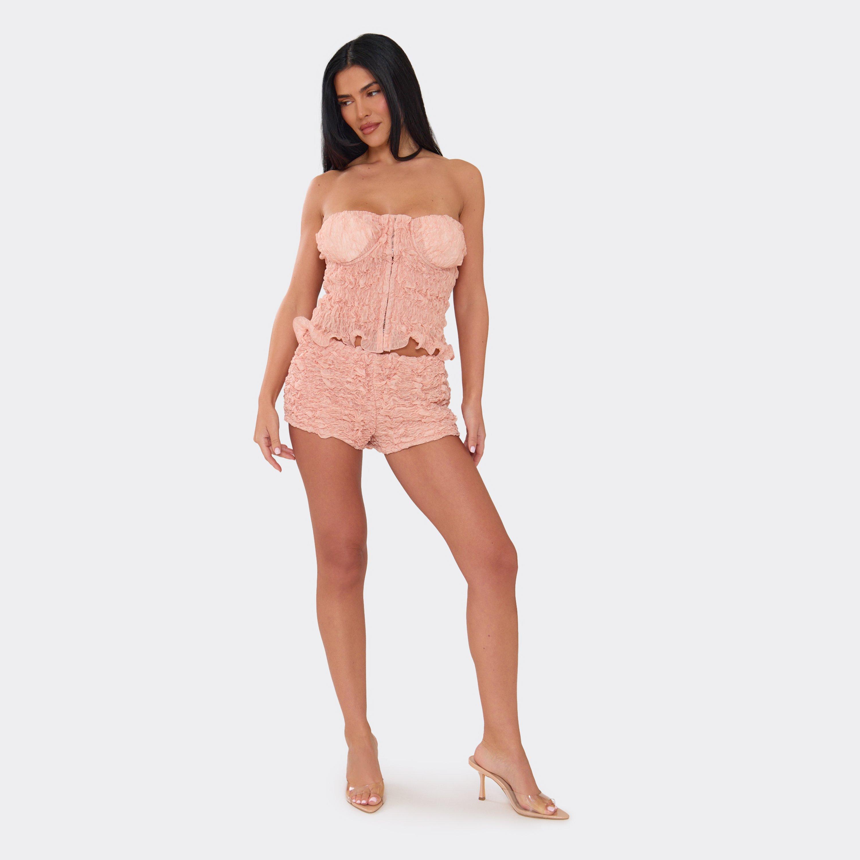 Low Waisted Shorts In Coral Textured Woven, Women's Size UK 6