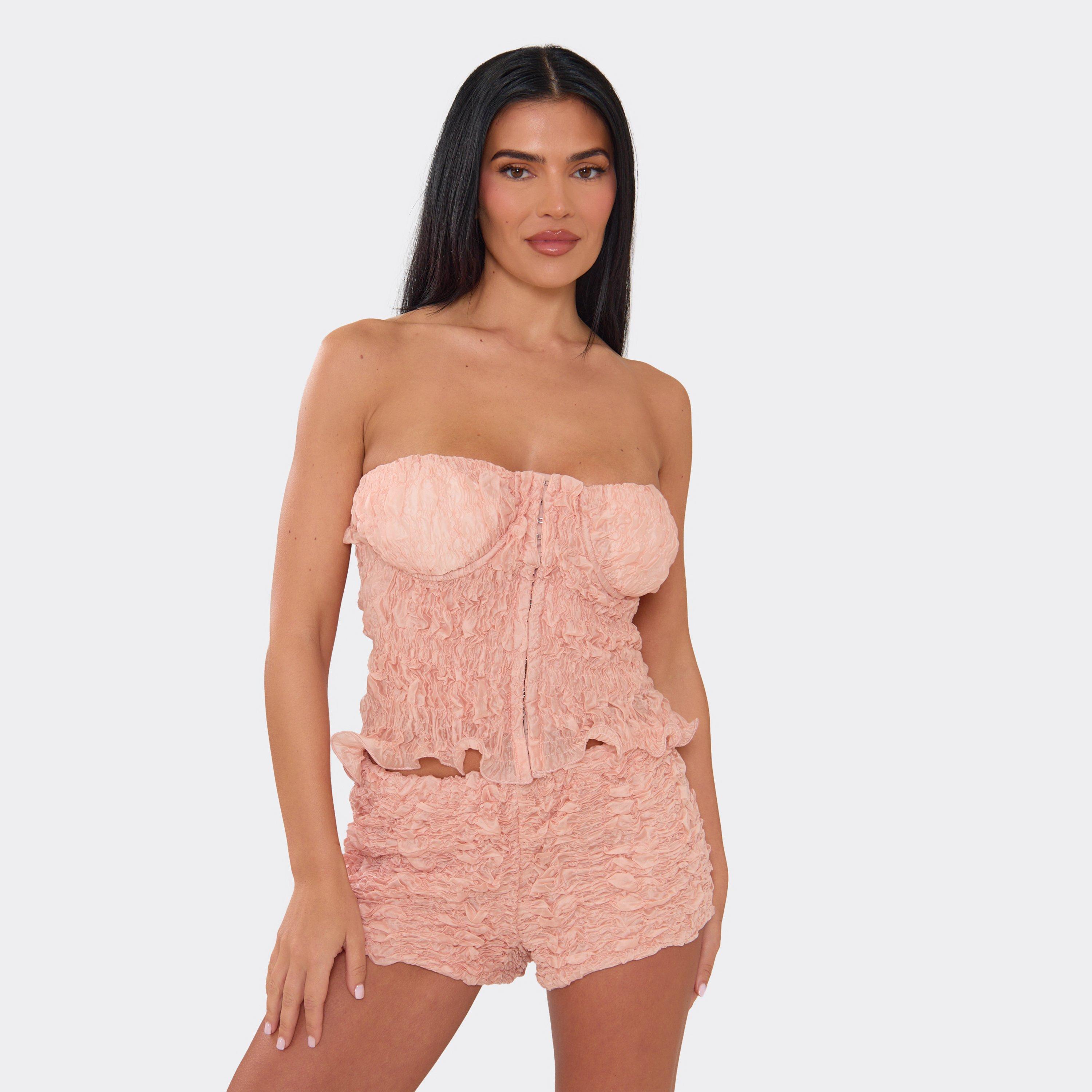 Bandeau Hook And Eye Detail Corset Top In Coral Textured Woven, Women's Size UK 6