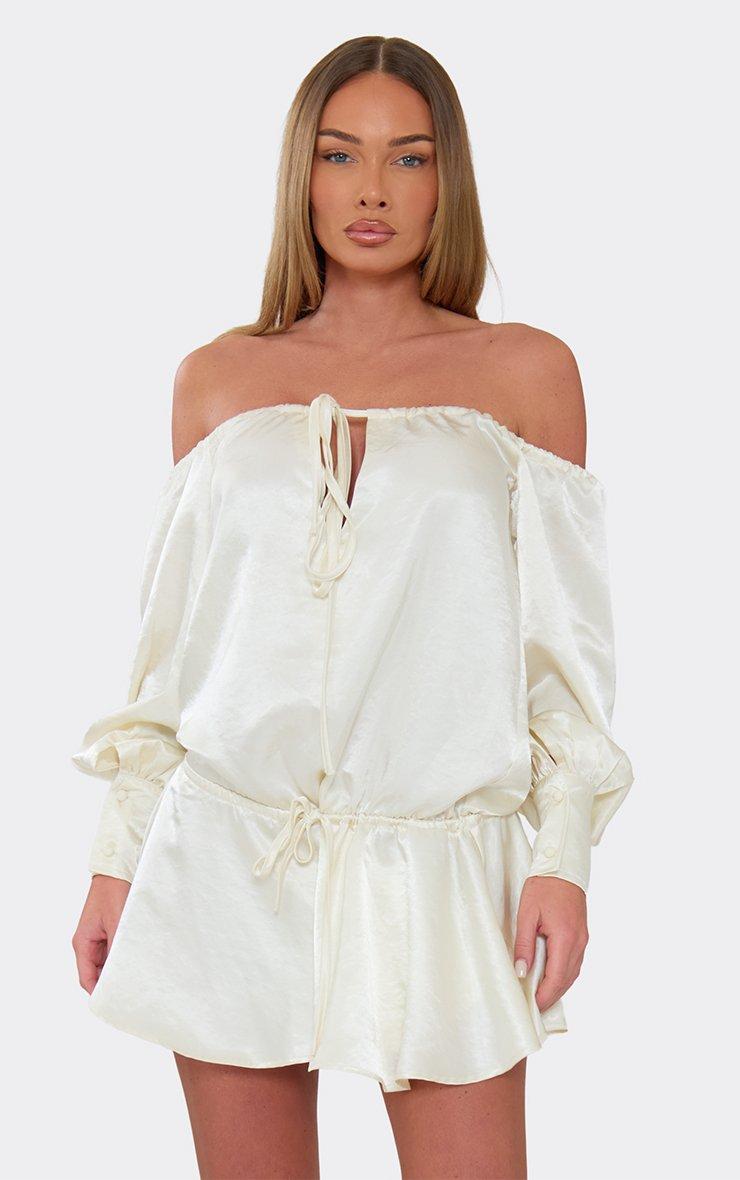 Long Bardot Sleeve Tie Front Playsuit In Cream Satin, Women's Size US 2 - EGO