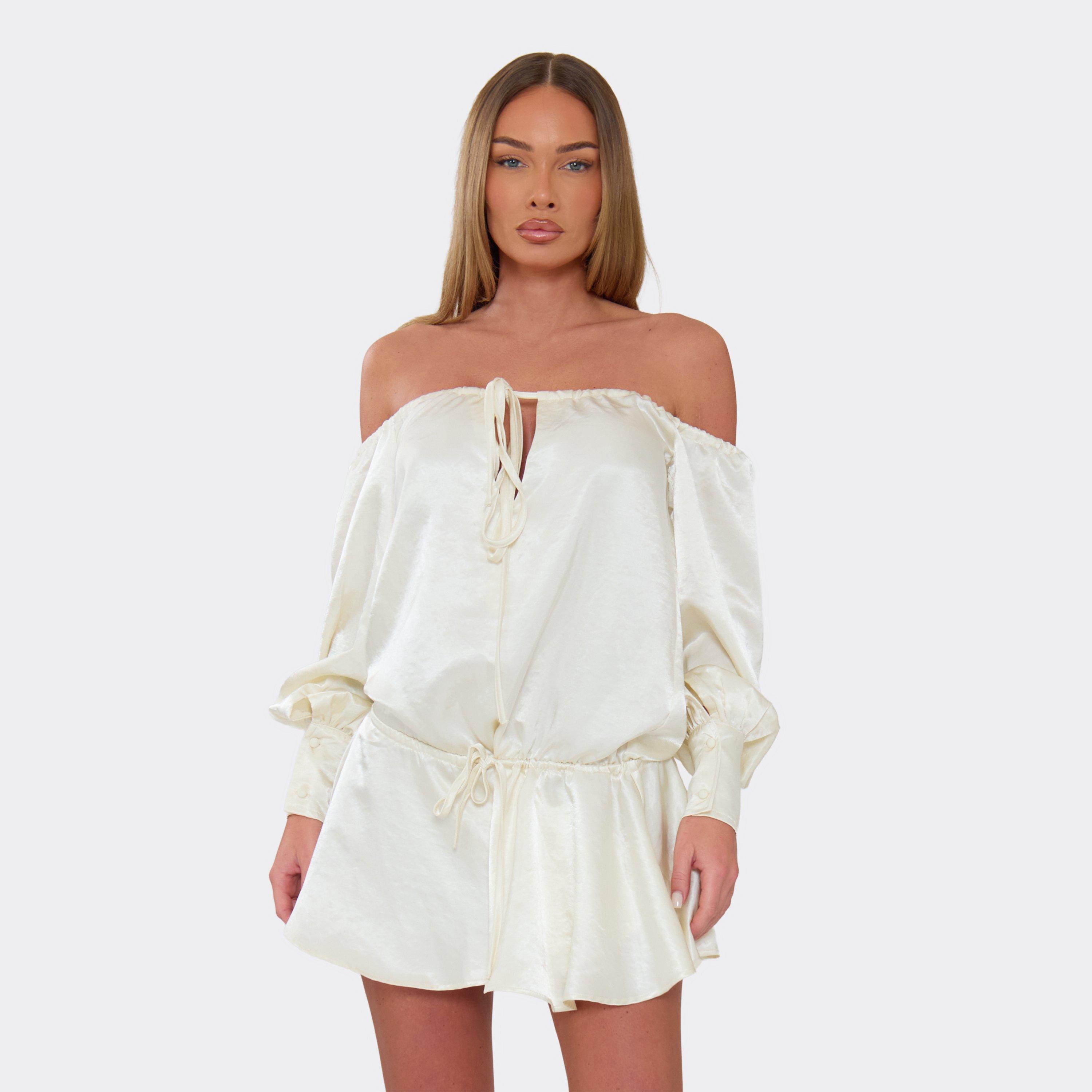 Long Bardot Sleeve Tie Front Playsuit In Cream Satin, Women's Size UK 10